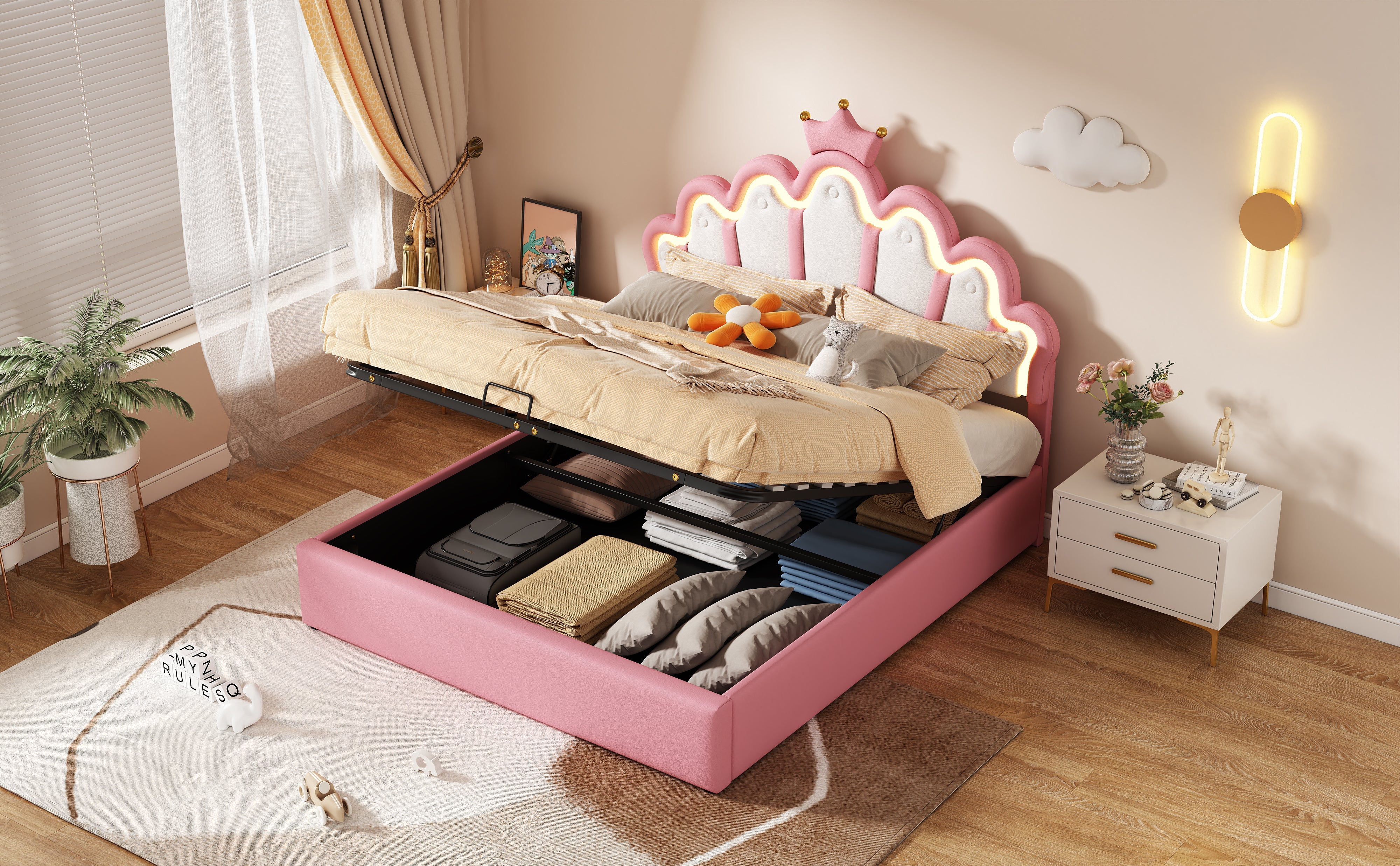 Logidon prinsessenbed 140x200 cm roze met verstelbare LED-verlichting