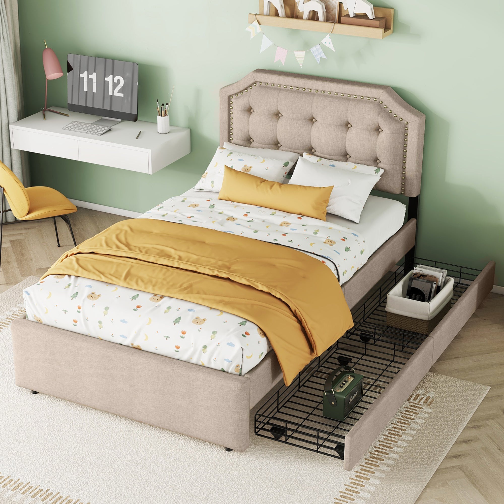 Logidon 90x200 cm gewatteerd bed donkerbeige dubbele lades