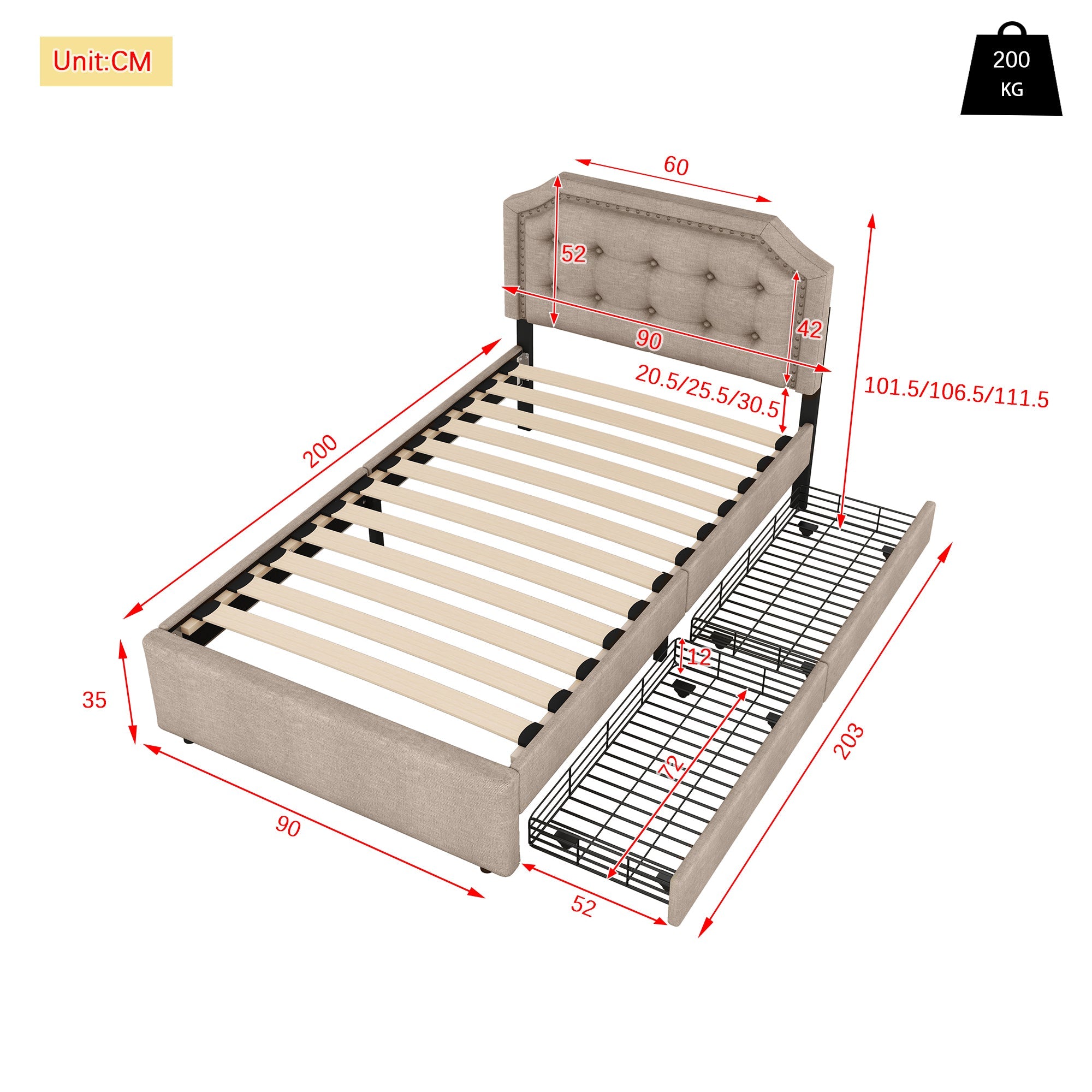 Logidon 90x200 cm gewatteerd bed donkerbeige dubbele lades