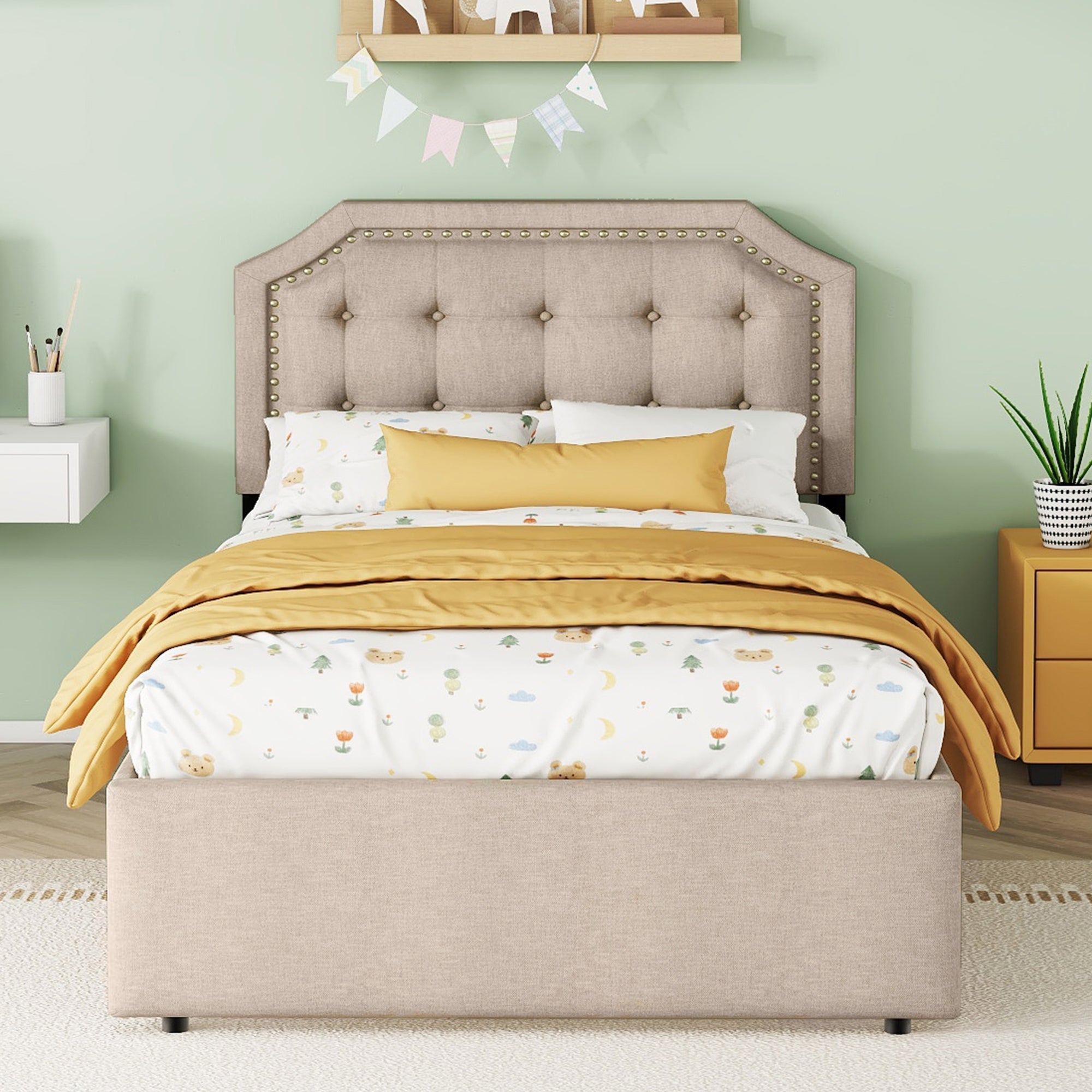 Logidon 90x200 cm gewatteerd bed donkerbeige dubbele lades
