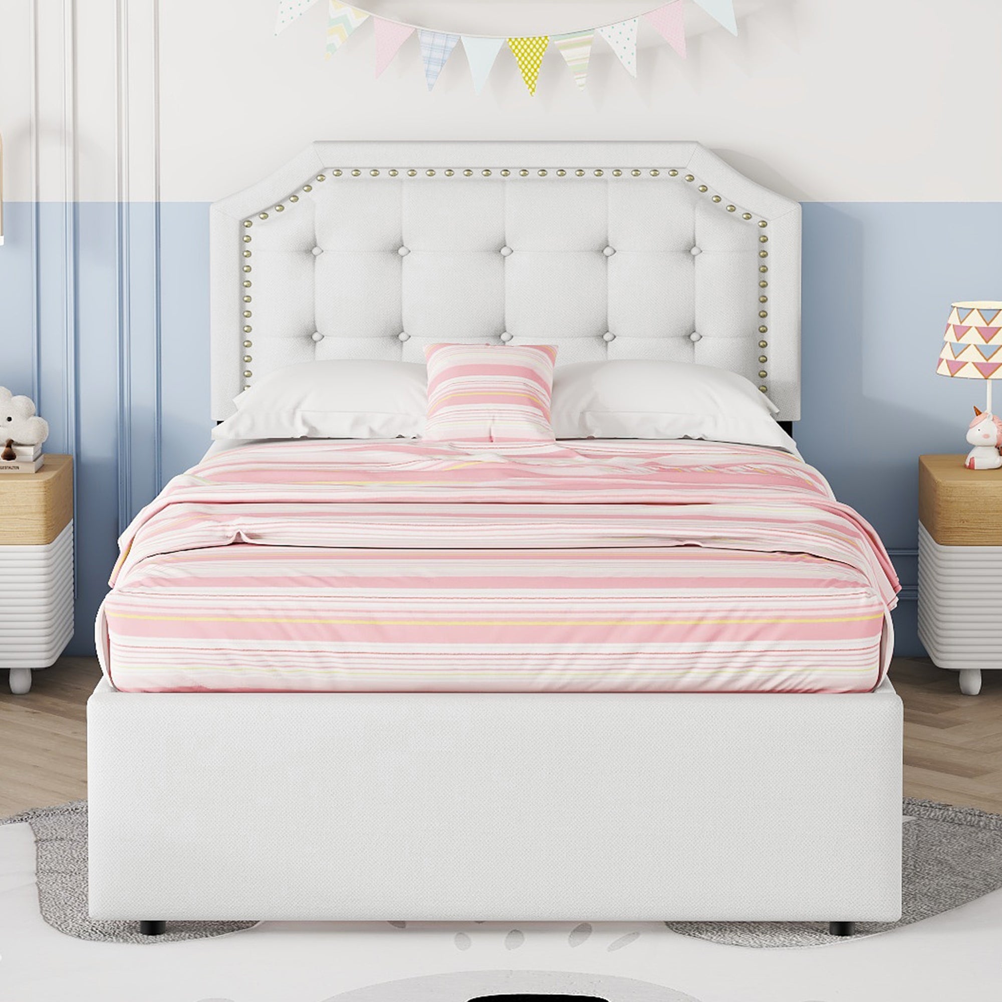 Logidon 90x200 lichtbeige gestoffeerd bed met dubbele lades met klinknagels