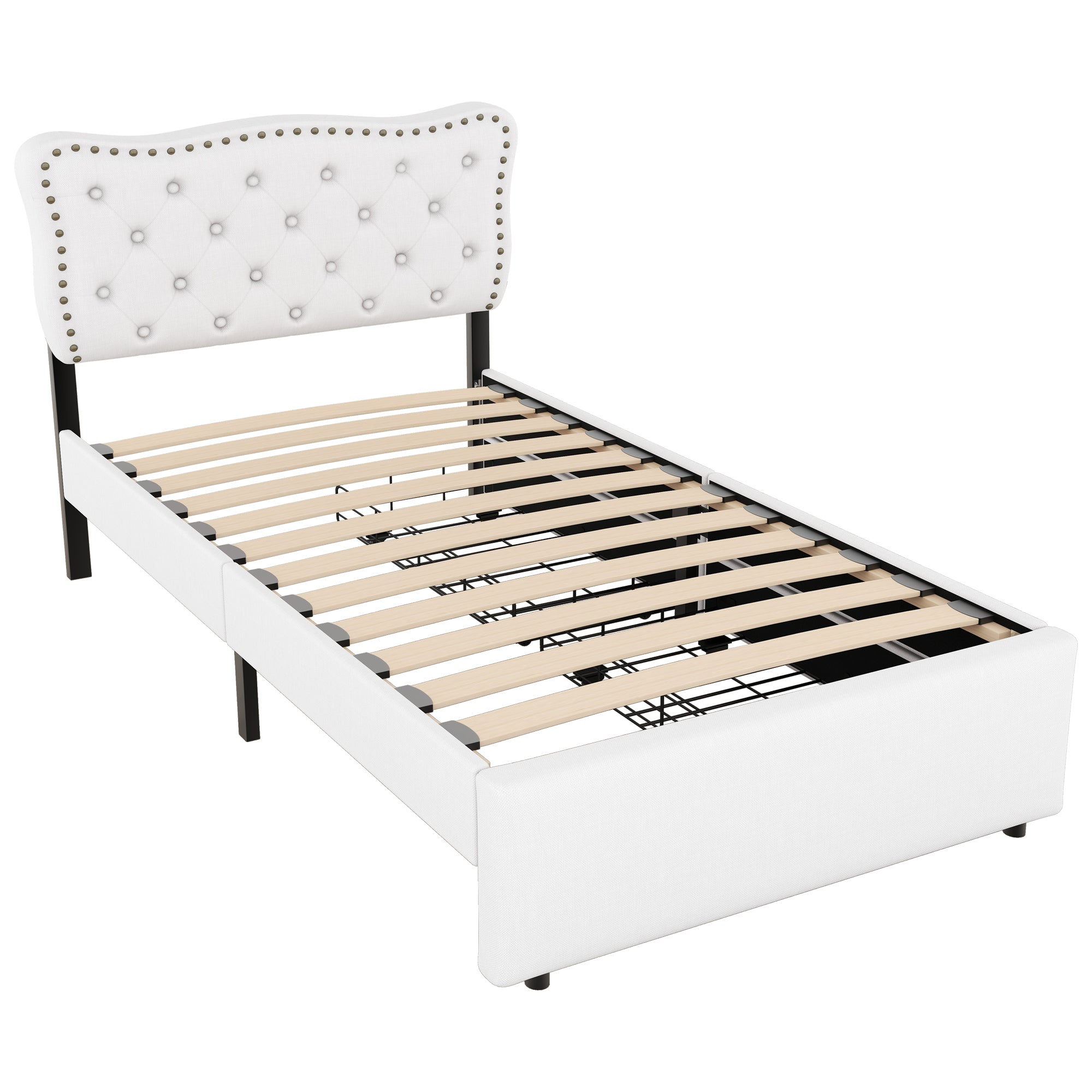 Logidon plat bed 90x200 cm lichtbeige gestoffeerd hoofdeinde met klinknagels