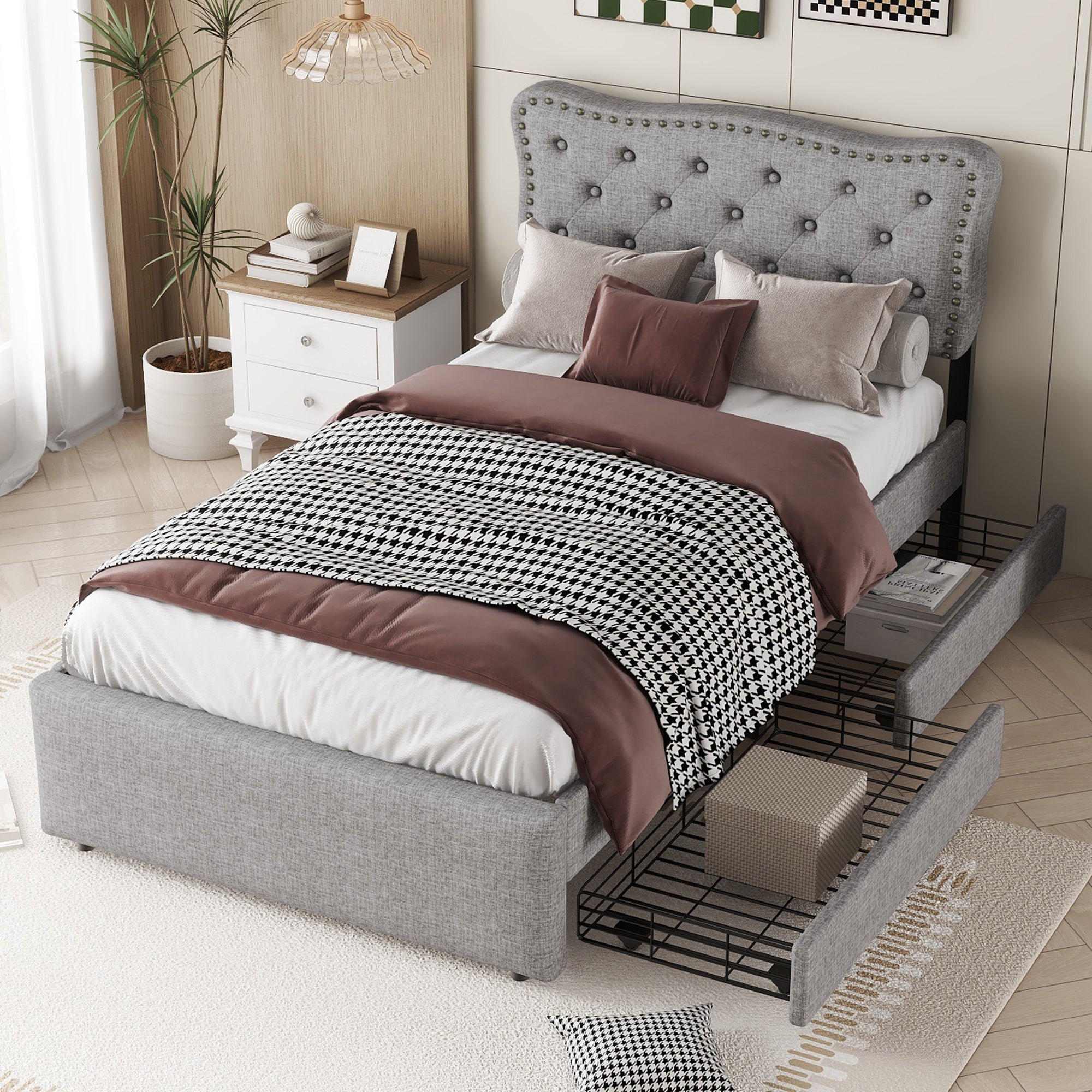 Logidon 90x200 cm gestoffeerd bed grijs met dubbele lades