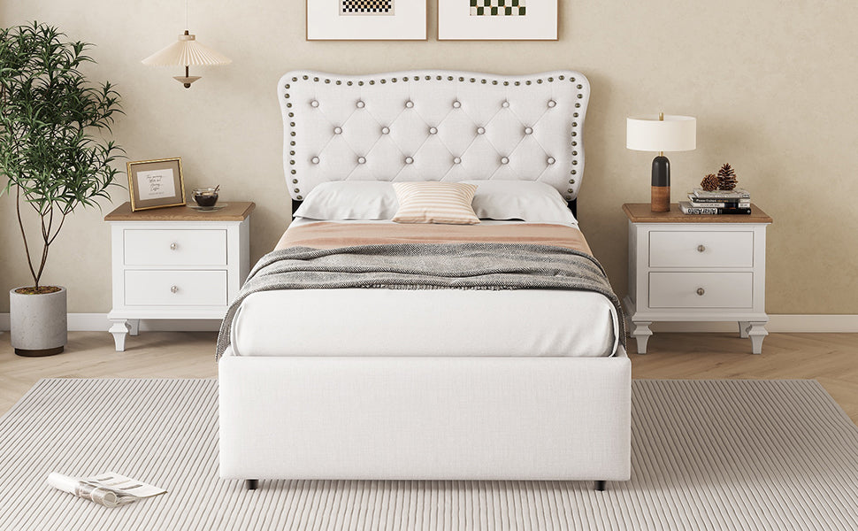 Logidon plat bed 90x200 cm lichtbeige gestoffeerd hoofdeinde met klinknagels