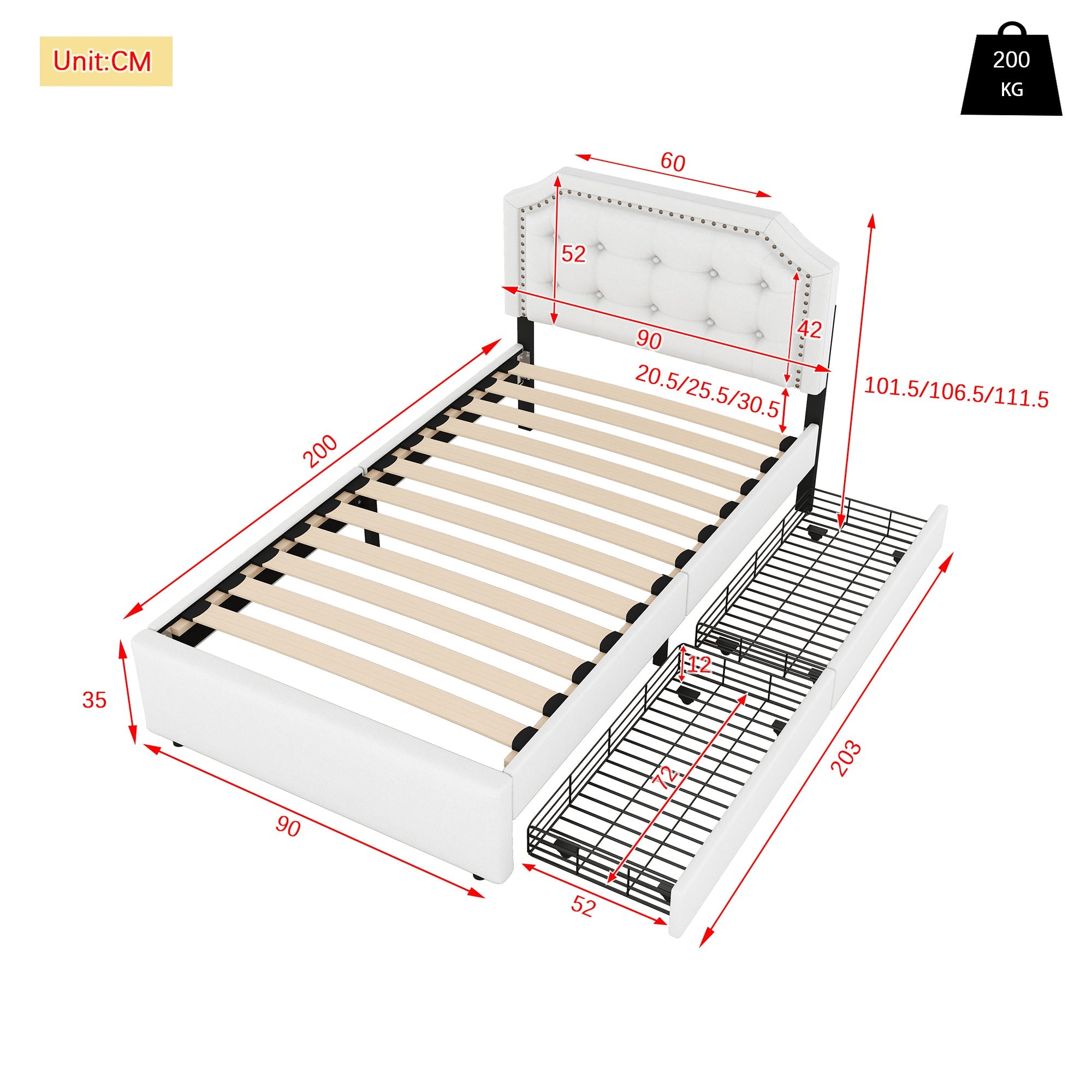 Logidon 90x200 lichtbeige gestoffeerd bed met dubbele lades met klinknagels