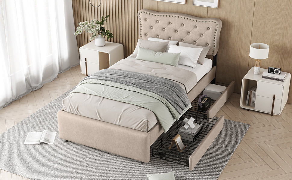 Logidon 90x200 cm stoffen bed beige met opbergruimte