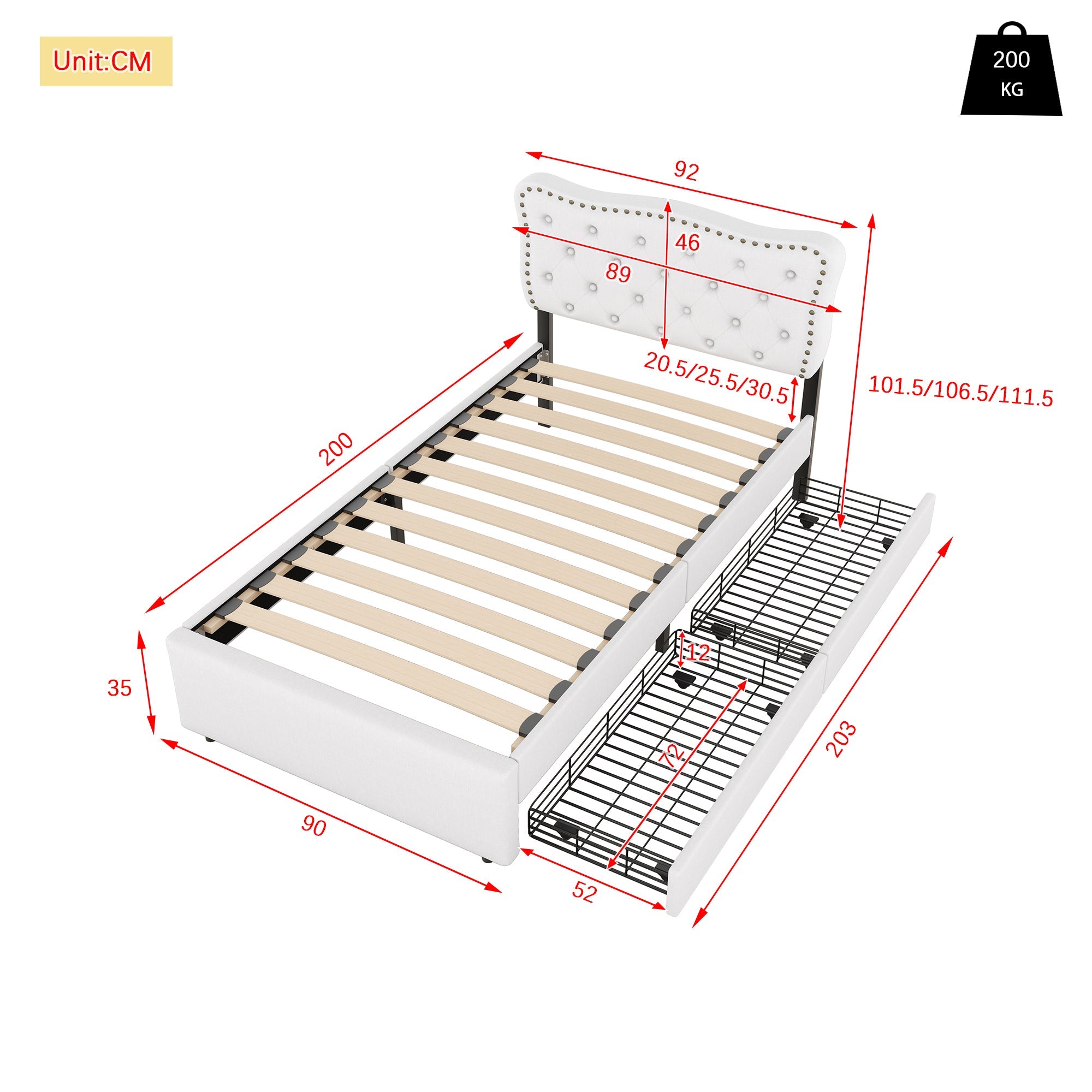 Logidon plat bed 90x200 cm lichtbeige gestoffeerd hoofdeinde met klinknagels