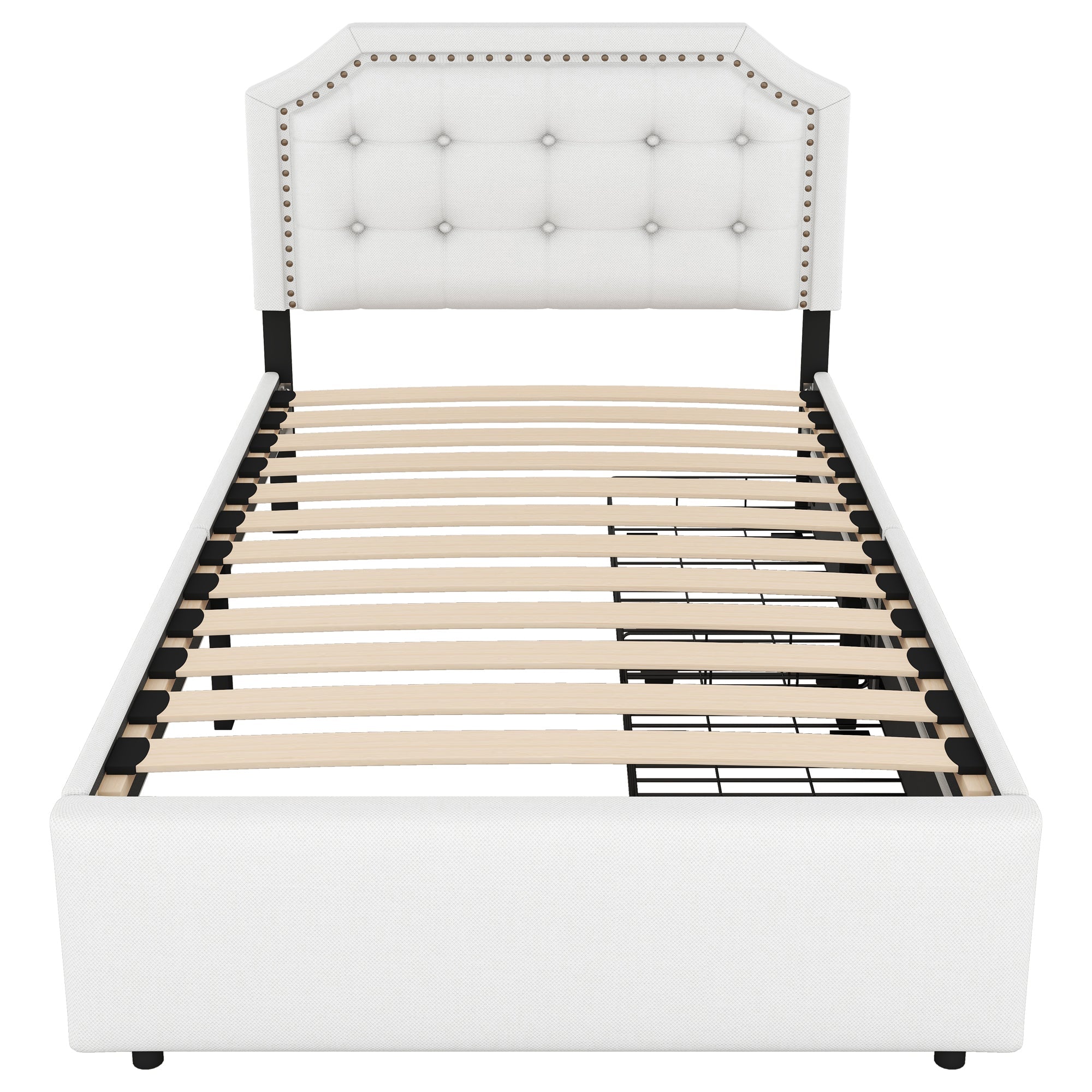 Logidon 90x200 lichtbeige gestoffeerd bed met dubbele lades met klinknagels