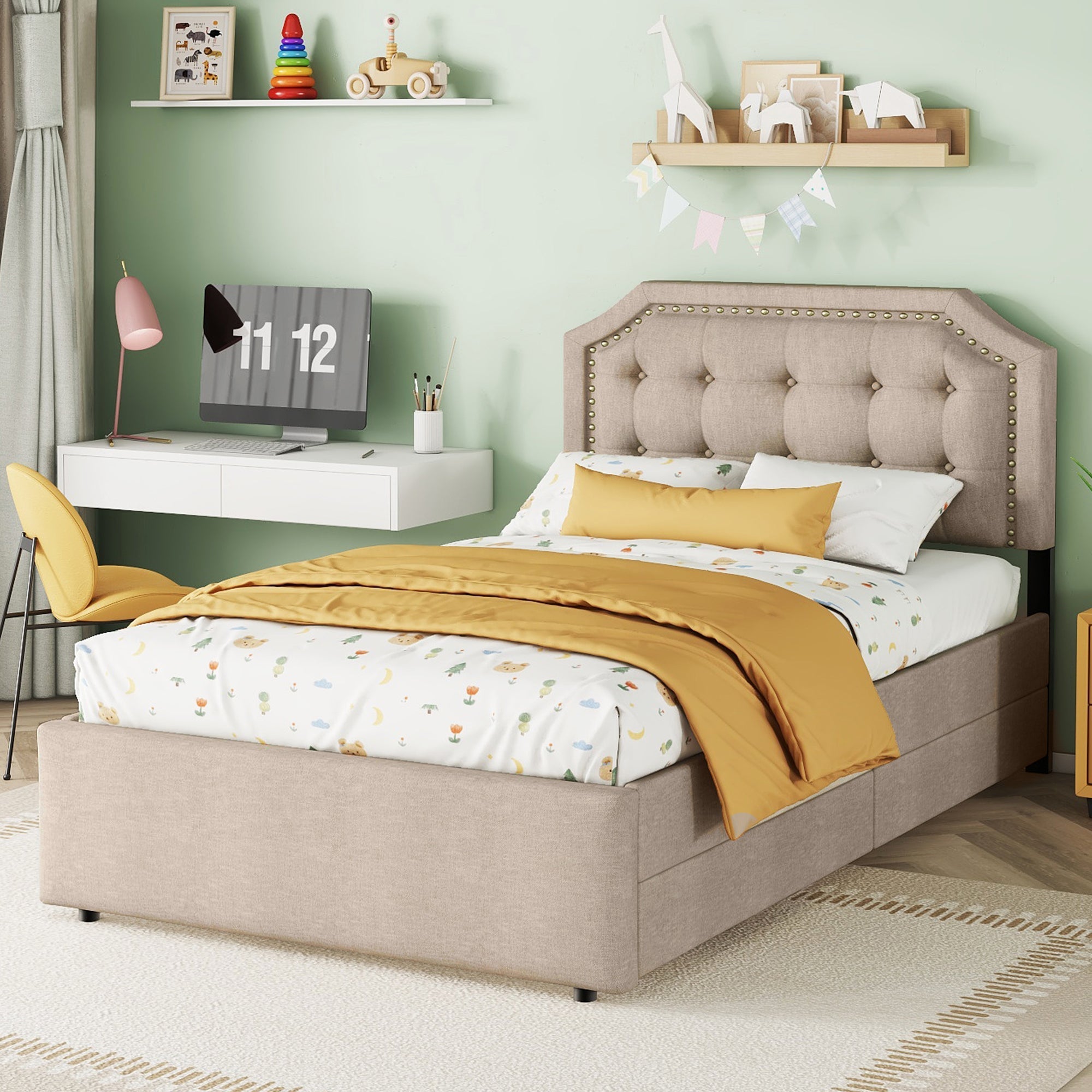Logidon 90x200 cm gewatteerd bed donkerbeige dubbele lades