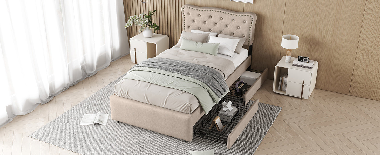 Logidon 90x200 cm stoffen bed beige met opbergruimte