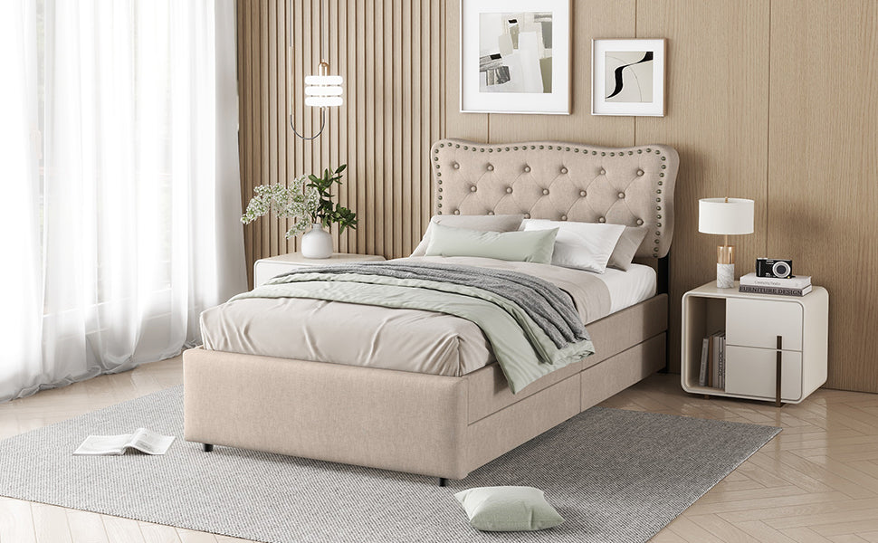 Logidon 90x200 cm stoffen bed beige met opbergruimte