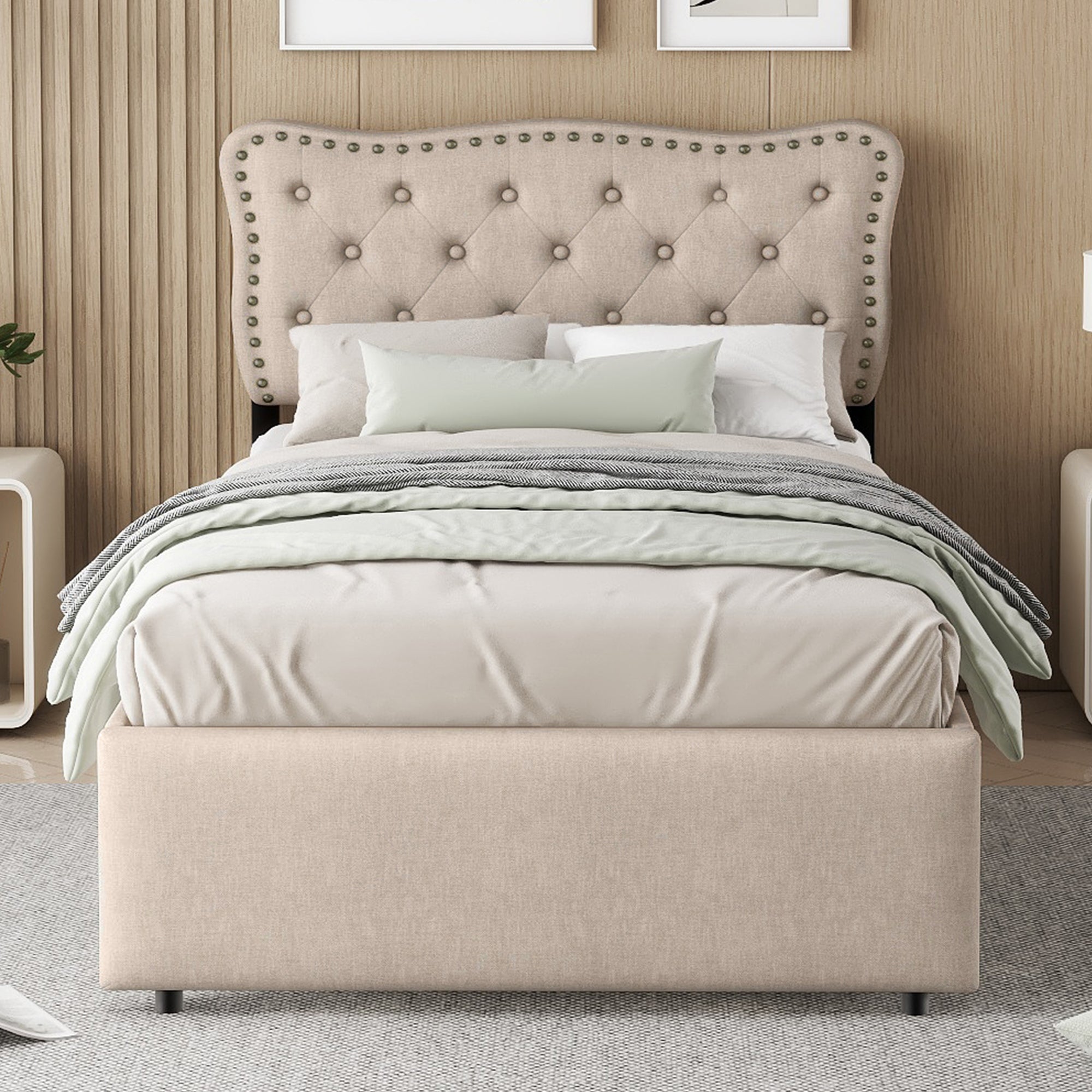 Logidon 90x200 cm stoffen bed beige met opbergruimte