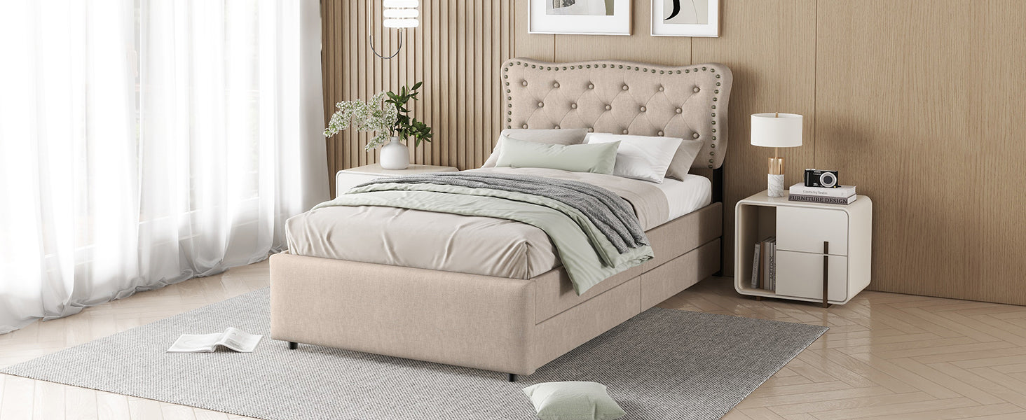 Logidon 90x200 cm stoffen bed beige met opbergruimte