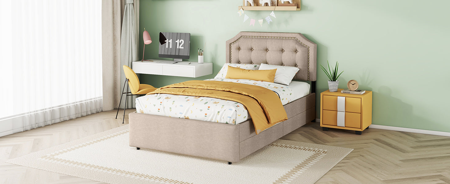 Logidon 90x200 cm gewatteerd bed donkerbeige dubbele lades