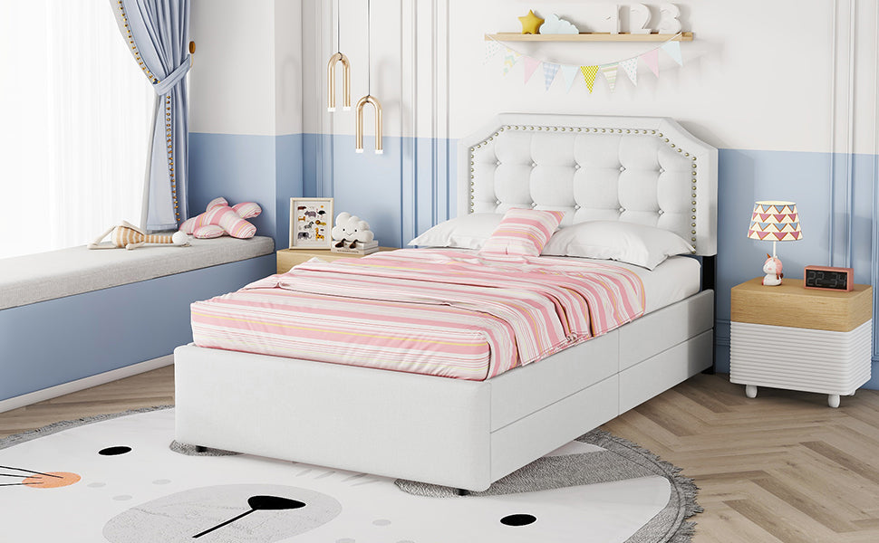 Logidon 90x200 lichtbeige gestoffeerd bed met dubbele lades met klinknagels