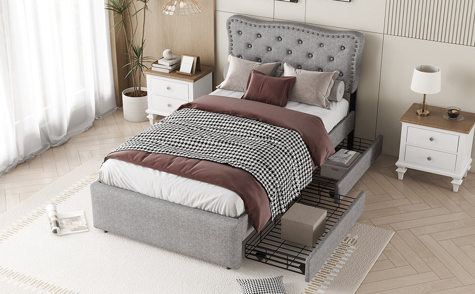 Logidon 90x200 cm gestoffeerd bed grijs met dubbele lades