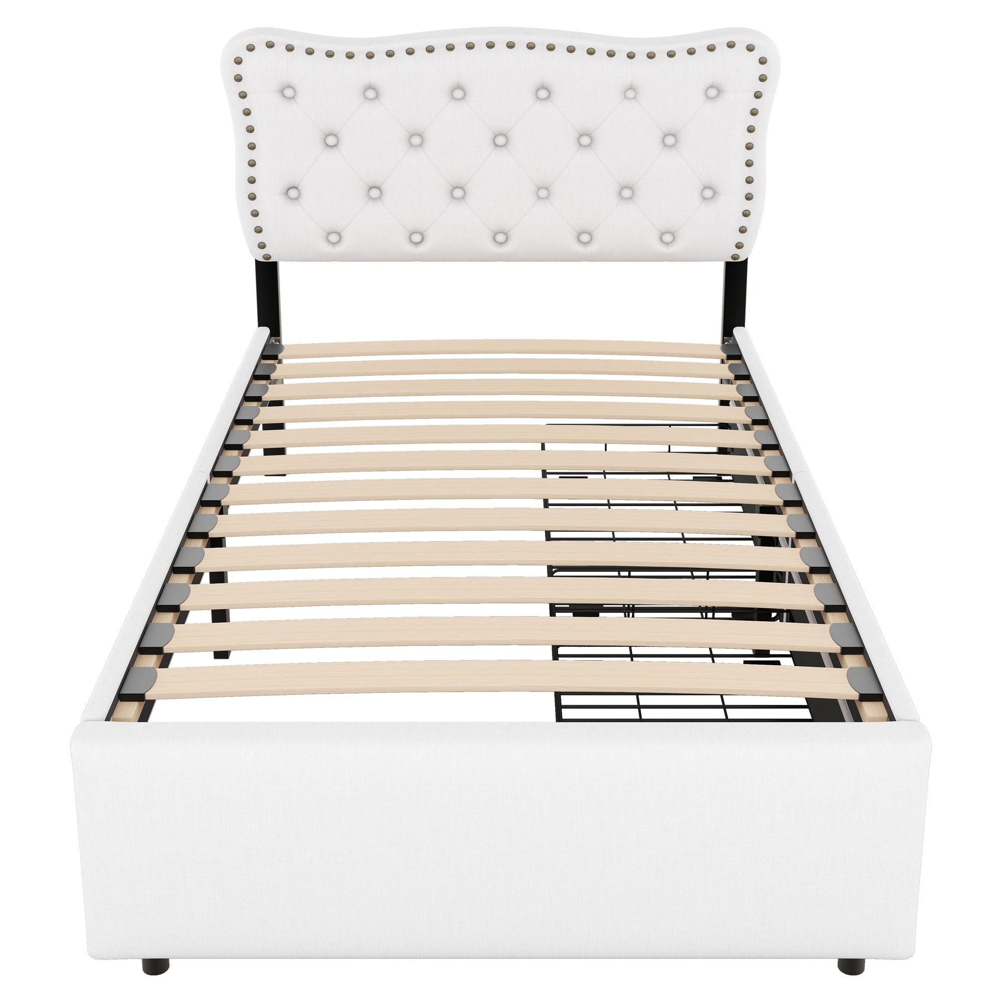 Logidon plat bed 90x200 cm lichtbeige gestoffeerd hoofdeinde met klinknagels