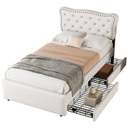 Logidon plat bed 90x200 cm lichtbeige gestoffeerd hoofdeinde met klinknagels