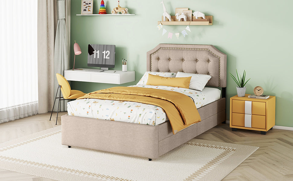 Logidon 90x200 cm gewatteerd bed donkerbeige dubbele lades