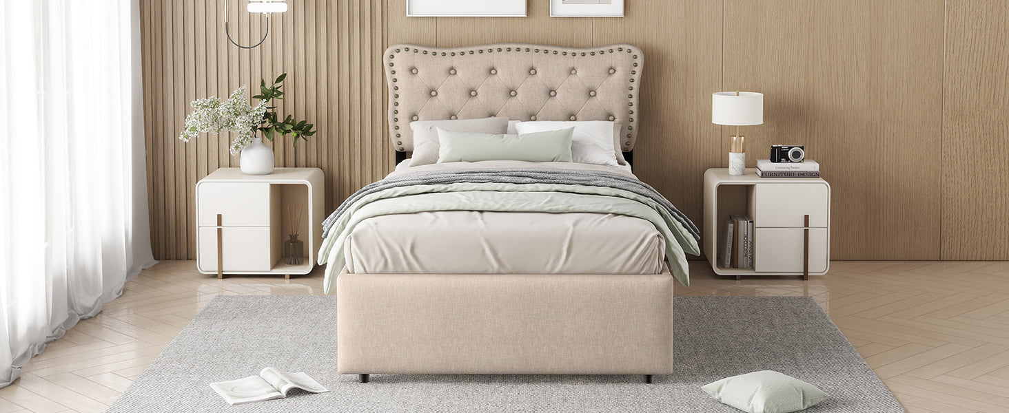 Logidon 90x200 cm stoffen bed beige met opbergruimte