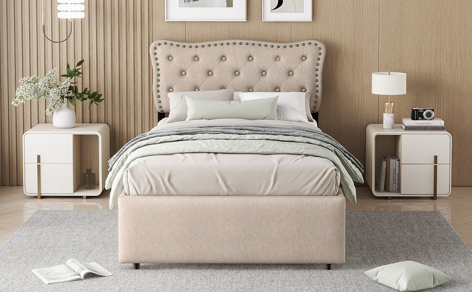 Logidon 90x200 cm stoffen bed beige met opbergruimte