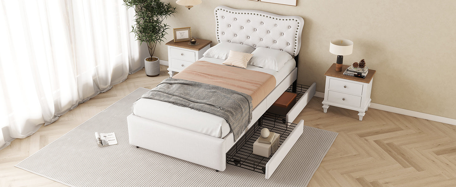 Logidon plat bed 90x200 cm lichtbeige gestoffeerd hoofdeinde met klinknagels