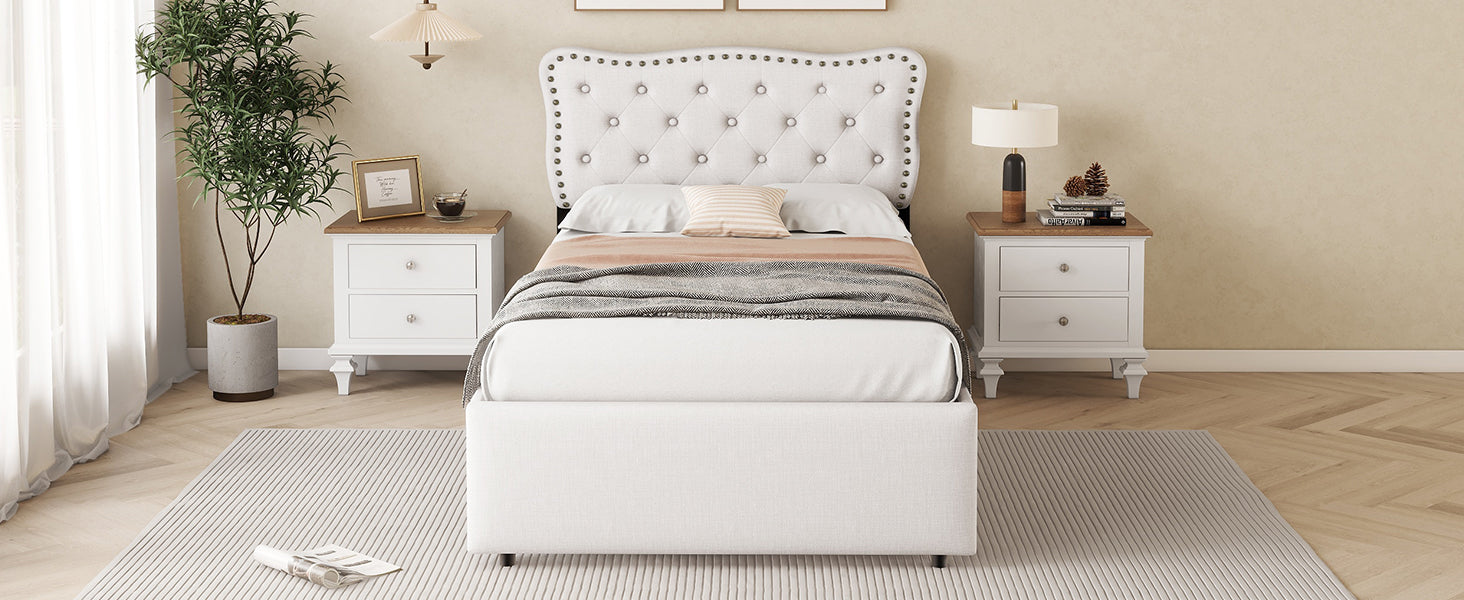 Logidon plat bed 90x200 cm lichtbeige gestoffeerd hoofdeinde met klinknagels