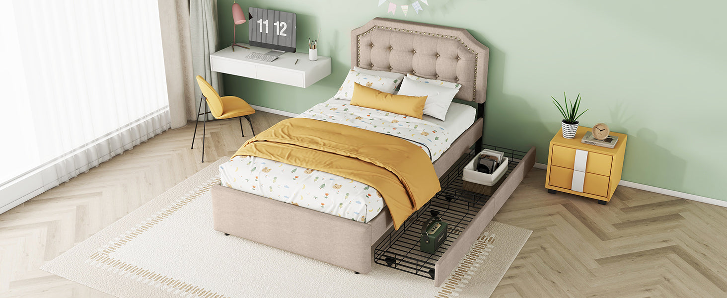 Logidon 90x200 cm gewatteerd bed donkerbeige dubbele lades