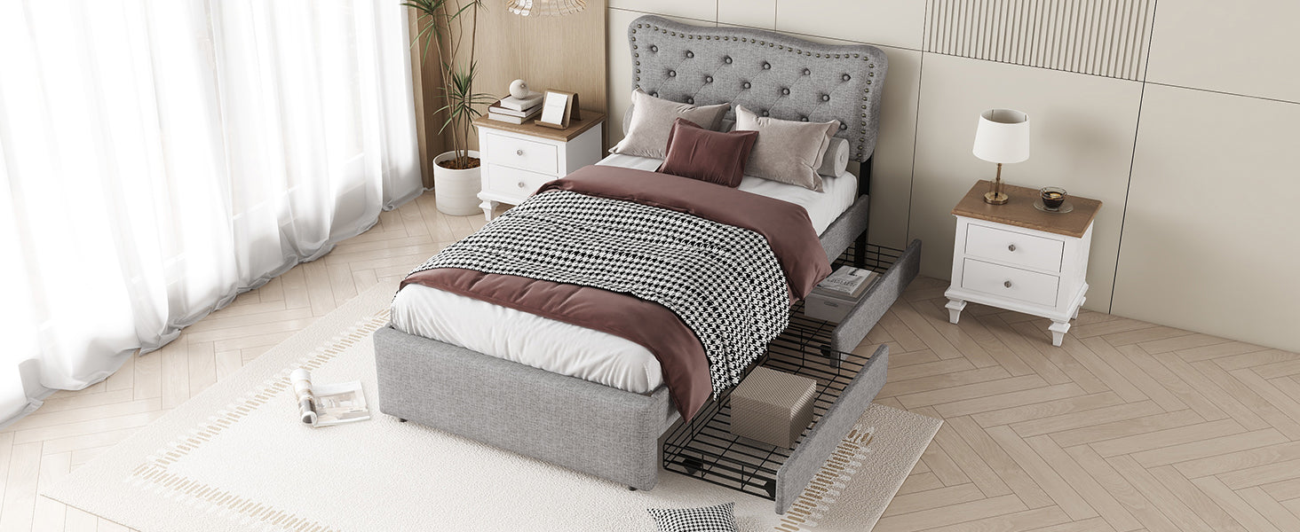 Logidon 90x200 cm gestoffeerd bed grijs met dubbele lades