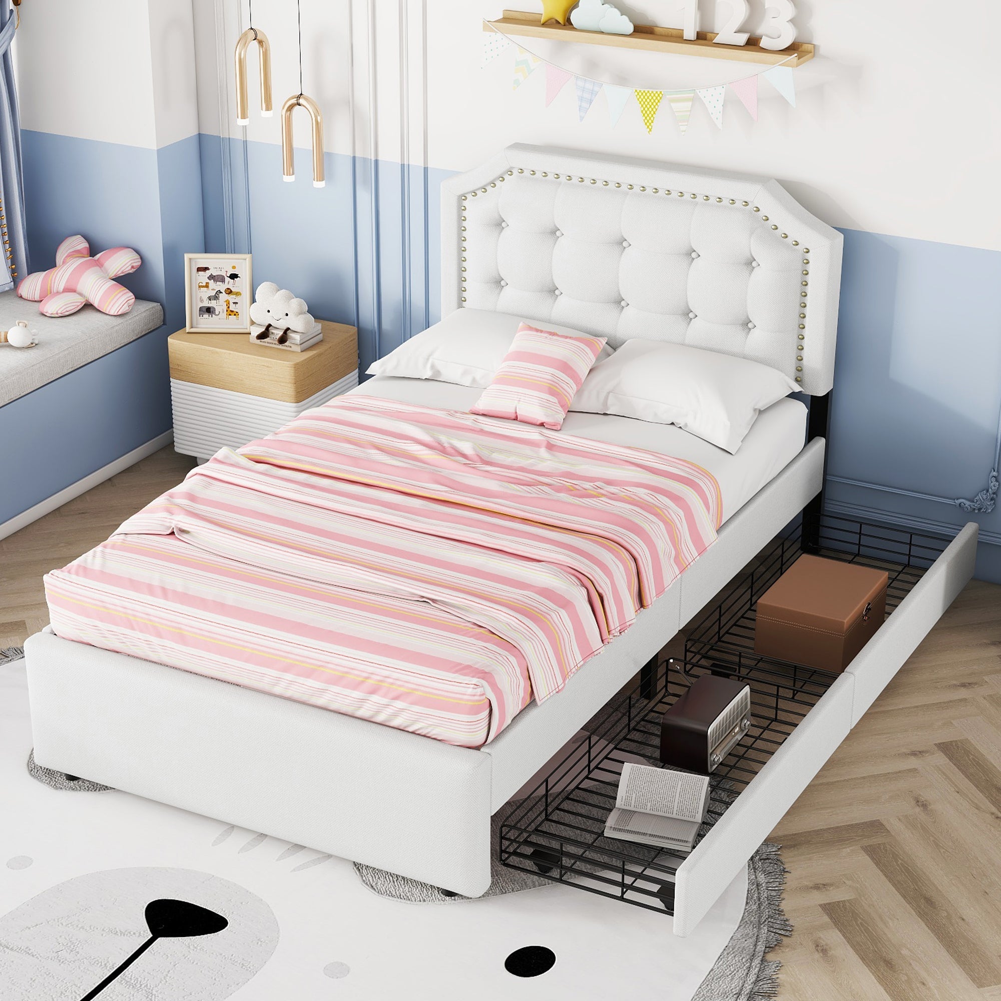 Logidon 90x200 lichtbeige gestoffeerd bed met dubbele lades met klinknagels