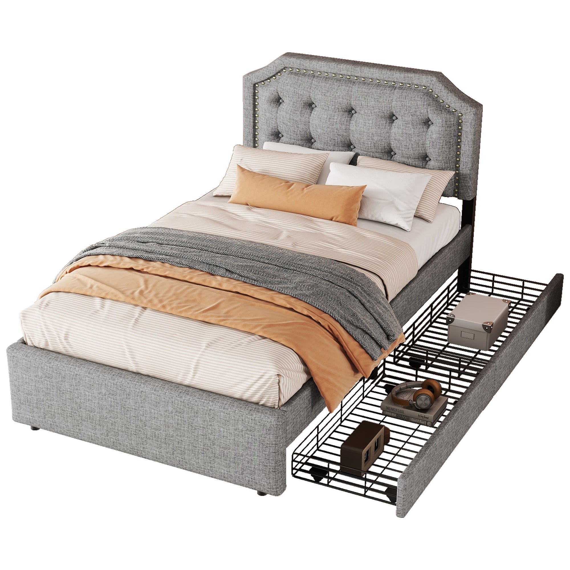 Logidon 90x200 cm gewatteerd bed grijs met opberglades