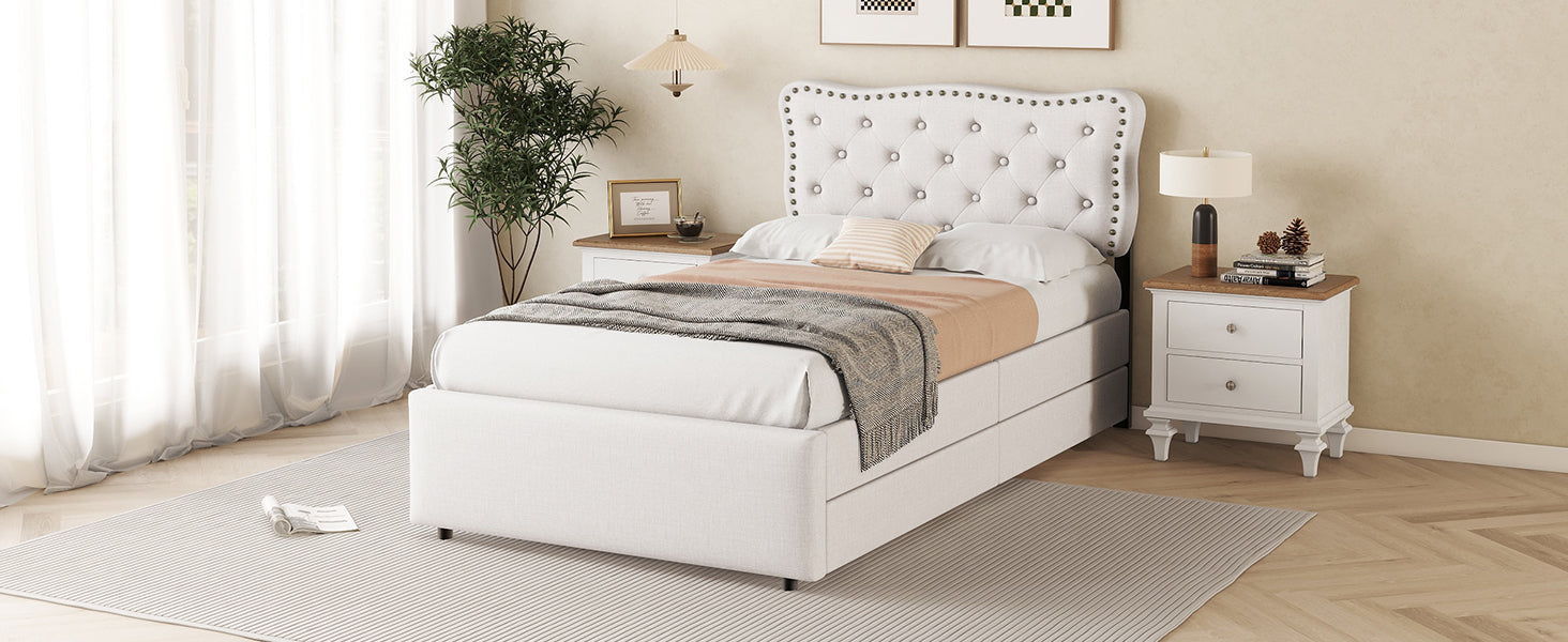 Logidon plat bed 90x200 cm lichtbeige gestoffeerd hoofdeinde met klinknagels