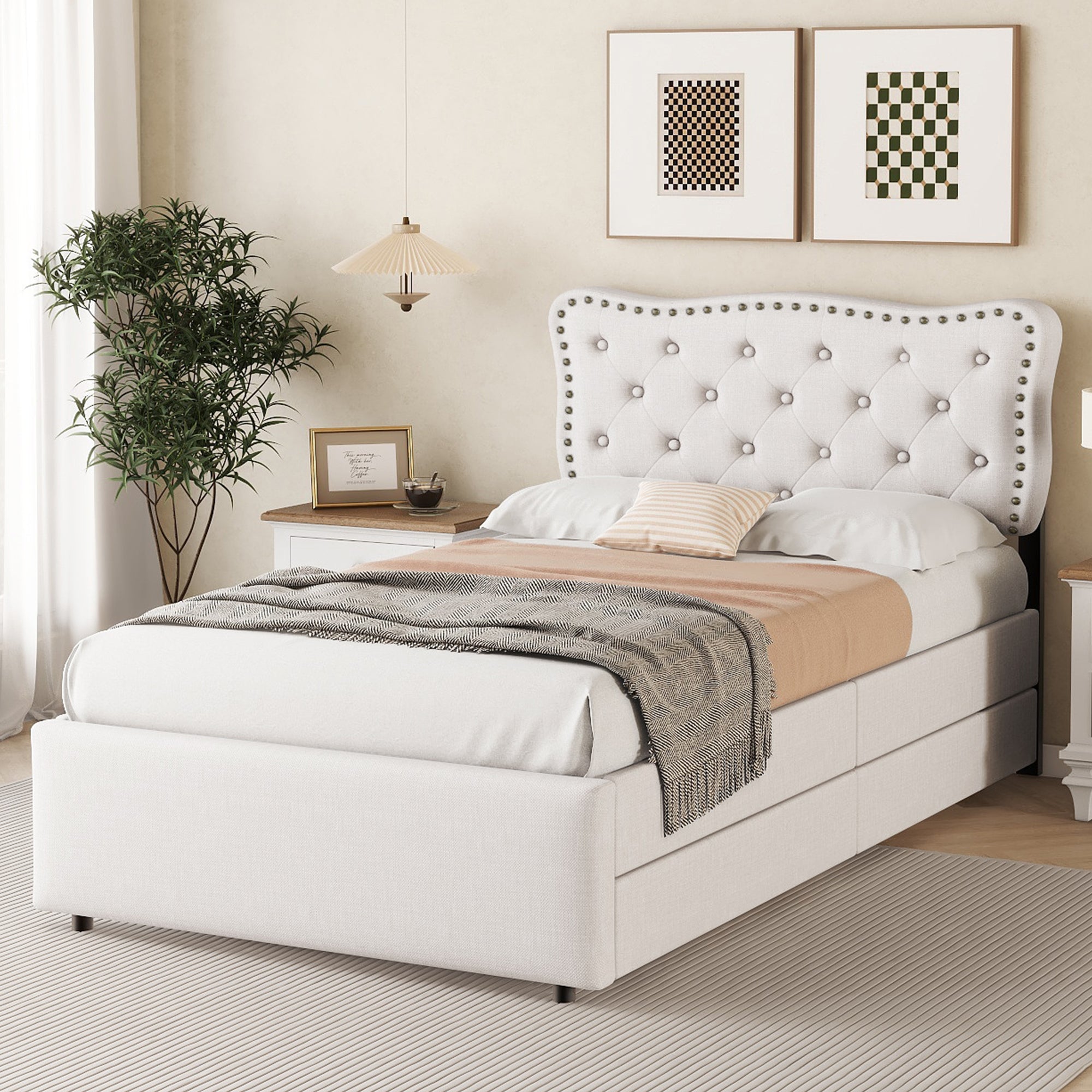 Logidon plat bed 90x200 cm lichtbeige gestoffeerd hoofdeinde met klinknagels