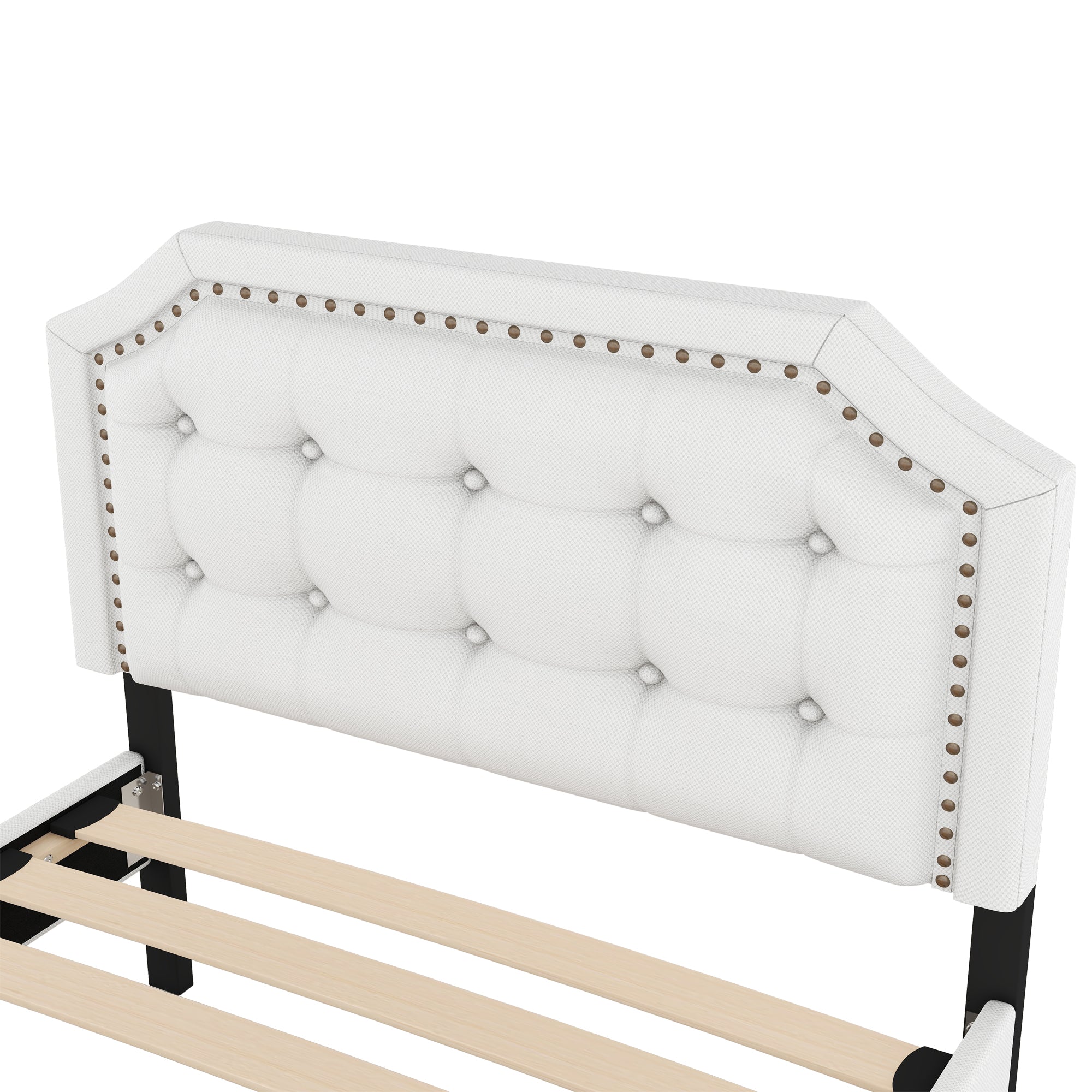 Logidon 90x200 lichtbeige gestoffeerd bed met dubbele lades met klinknagels