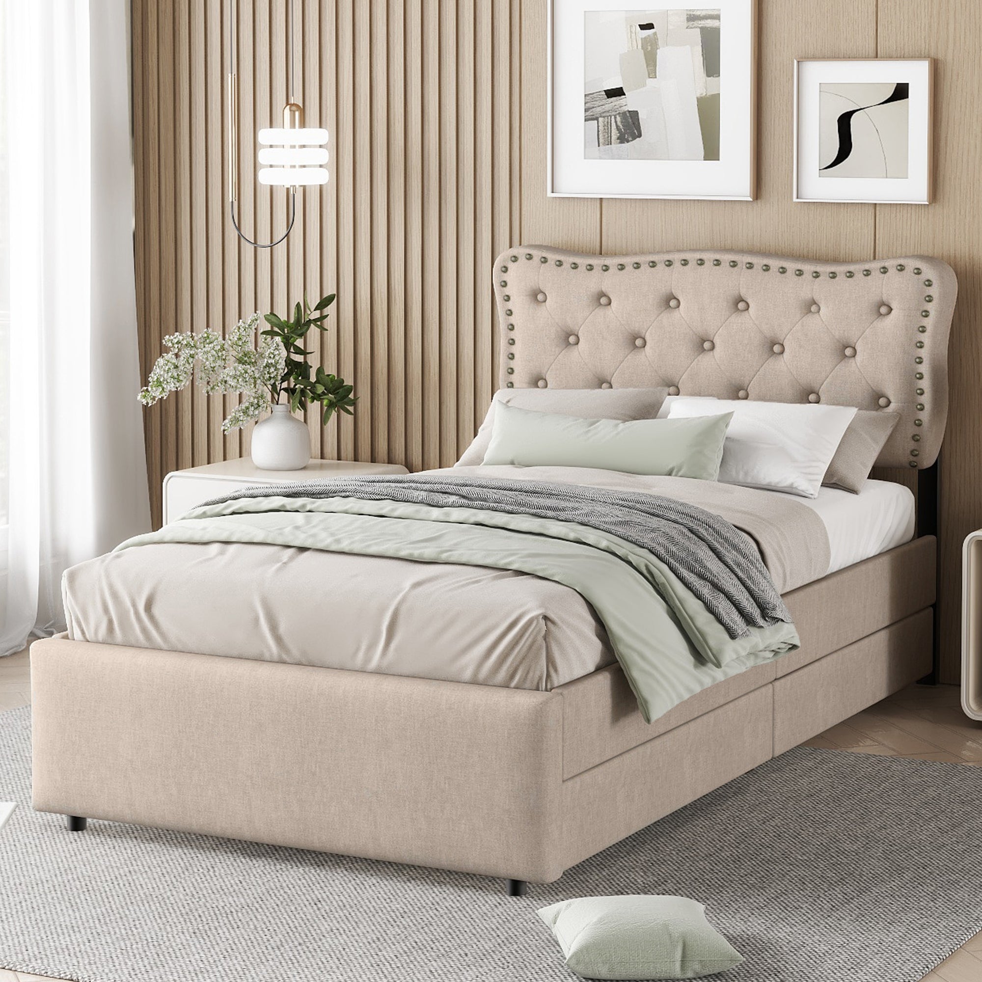 Logidon 90x200 cm stoffen bed beige met opbergruimte