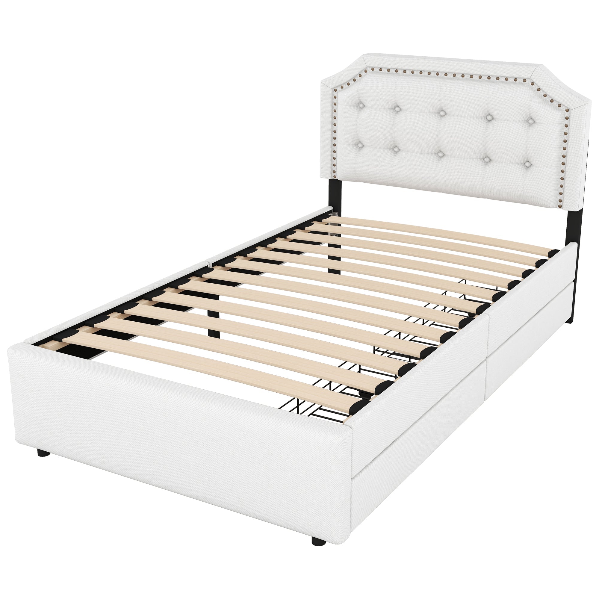 Logidon 90x200 lichtbeige gestoffeerd bed met dubbele lades met klinknagels
