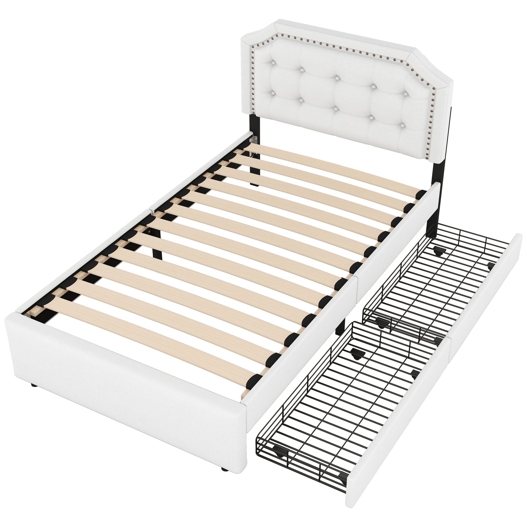 Logidon 90x200 lichtbeige gestoffeerd bed met dubbele lades met klinknagels