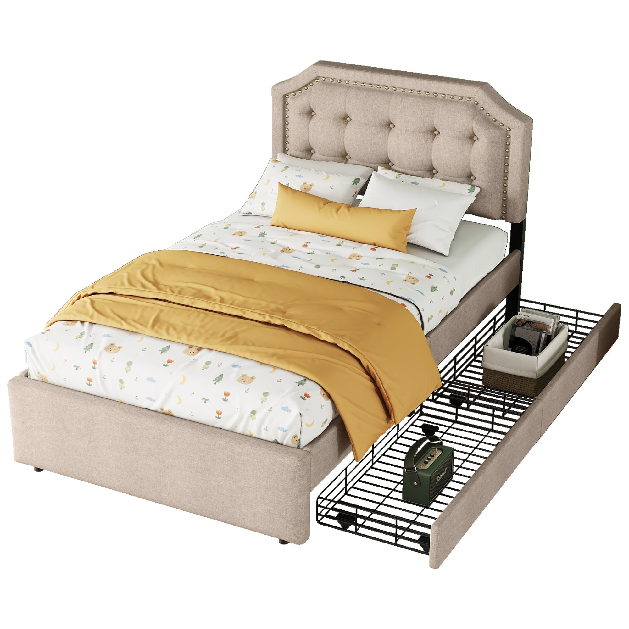 Logidon 90x200 cm gewatteerd bed donkerbeige dubbele lades