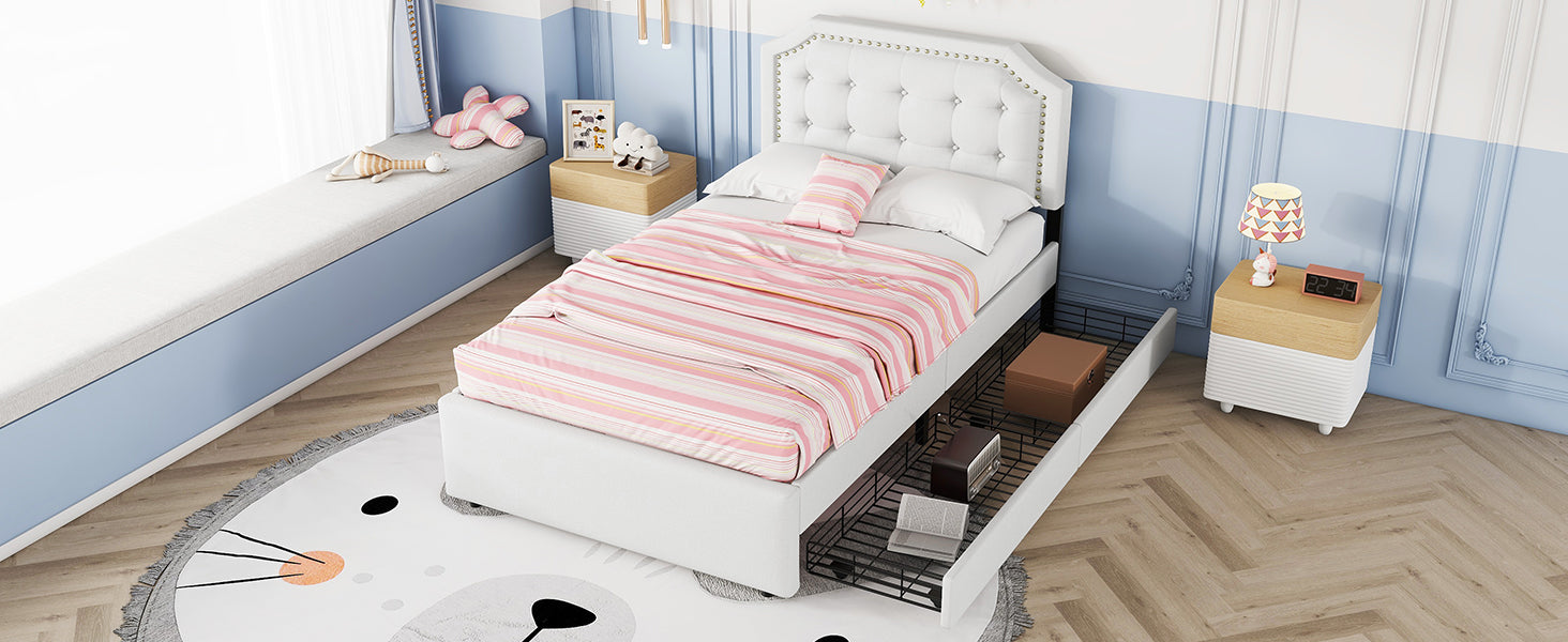 Logidon 90x200 lichtbeige gestoffeerd bed met dubbele lades met klinknagels
