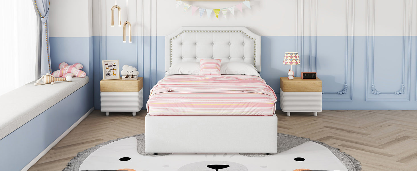 Logidon 90x200 lichtbeige gestoffeerd bed met dubbele lades met klinknagels