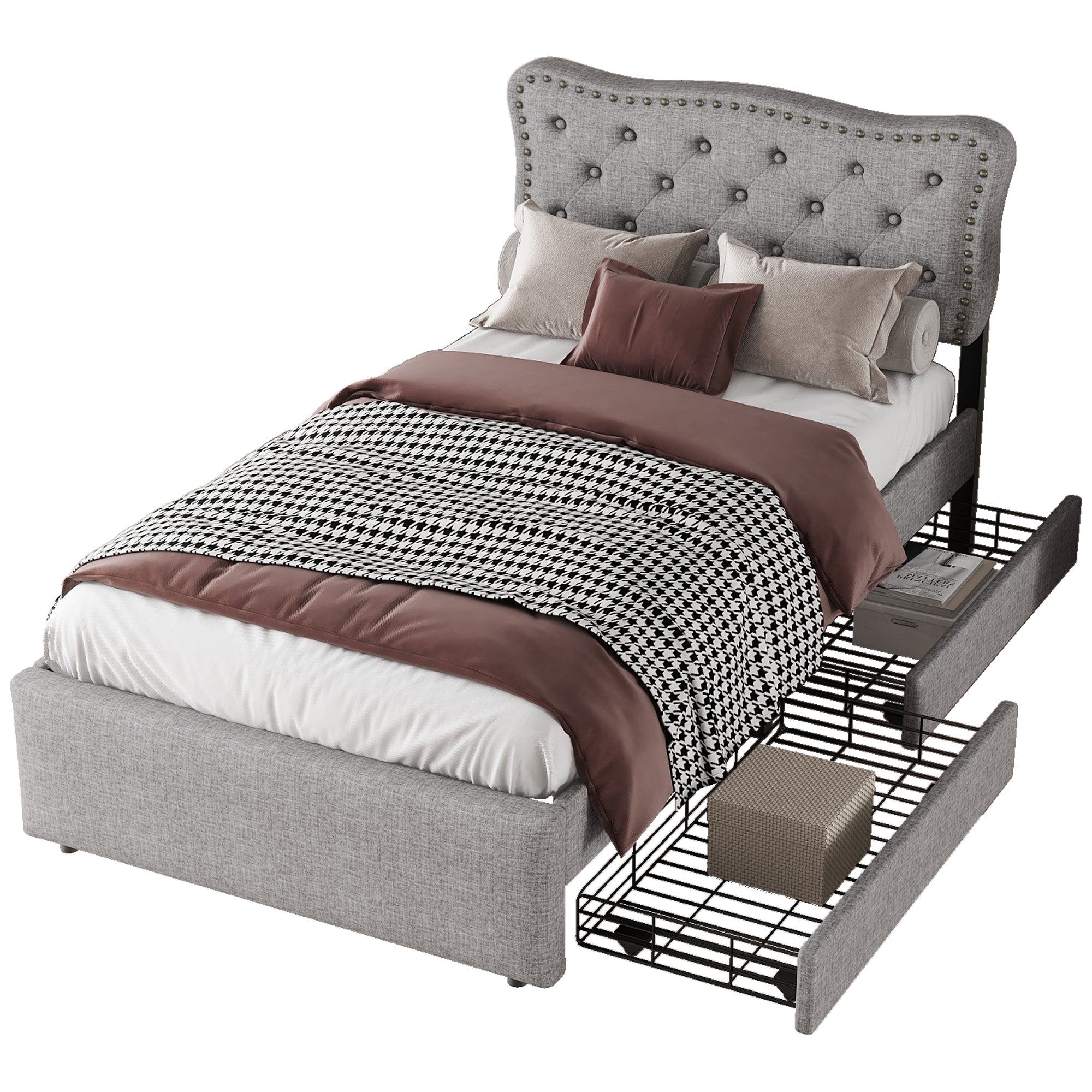 Logidon 90x200 cm gestoffeerd bed grijs met dubbele lades