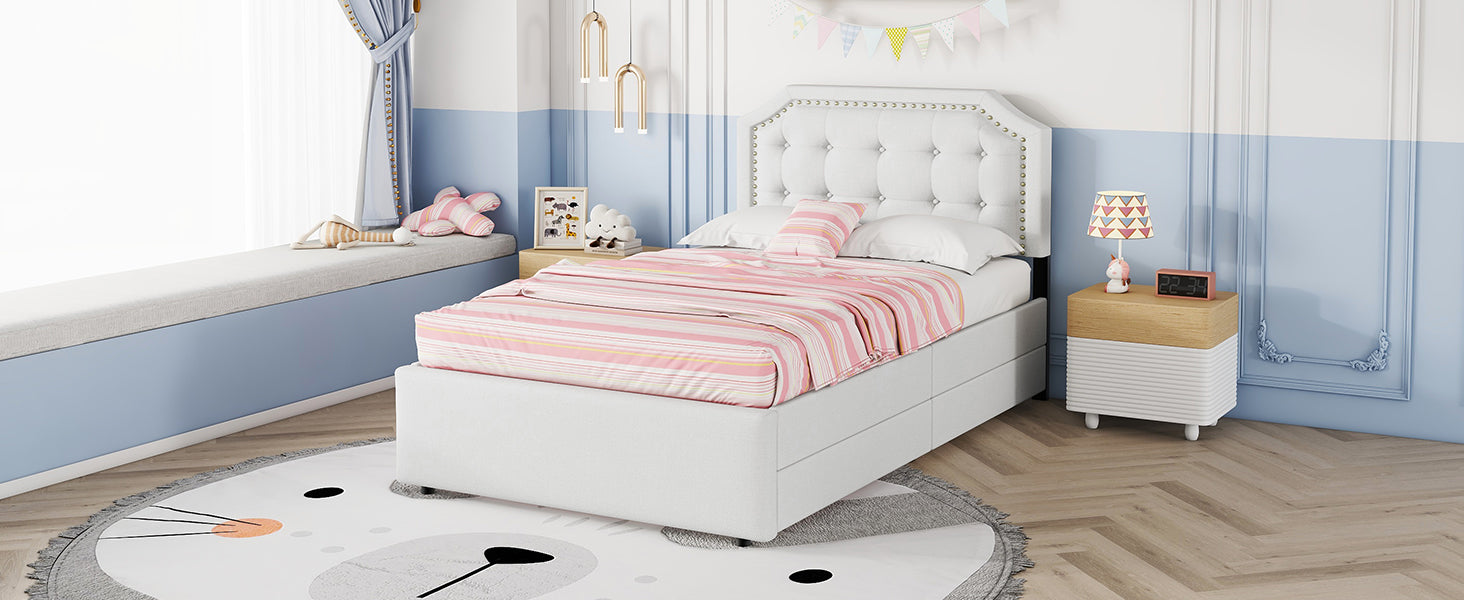 Logidon 90x200 lichtbeige gestoffeerd bed met dubbele lades met klinknagels