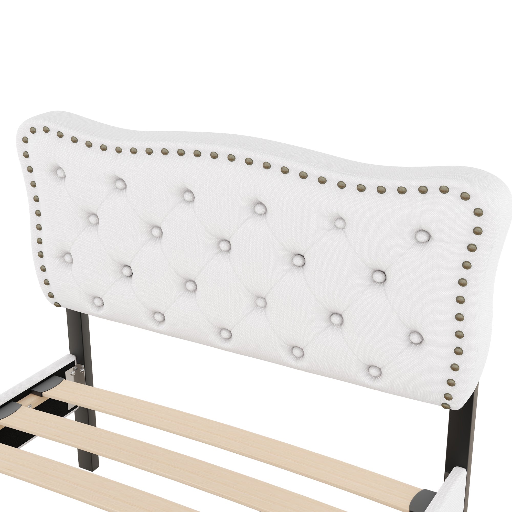 Logidon plat bed 90x200 cm lichtbeige gestoffeerd hoofdeinde met klinknagels