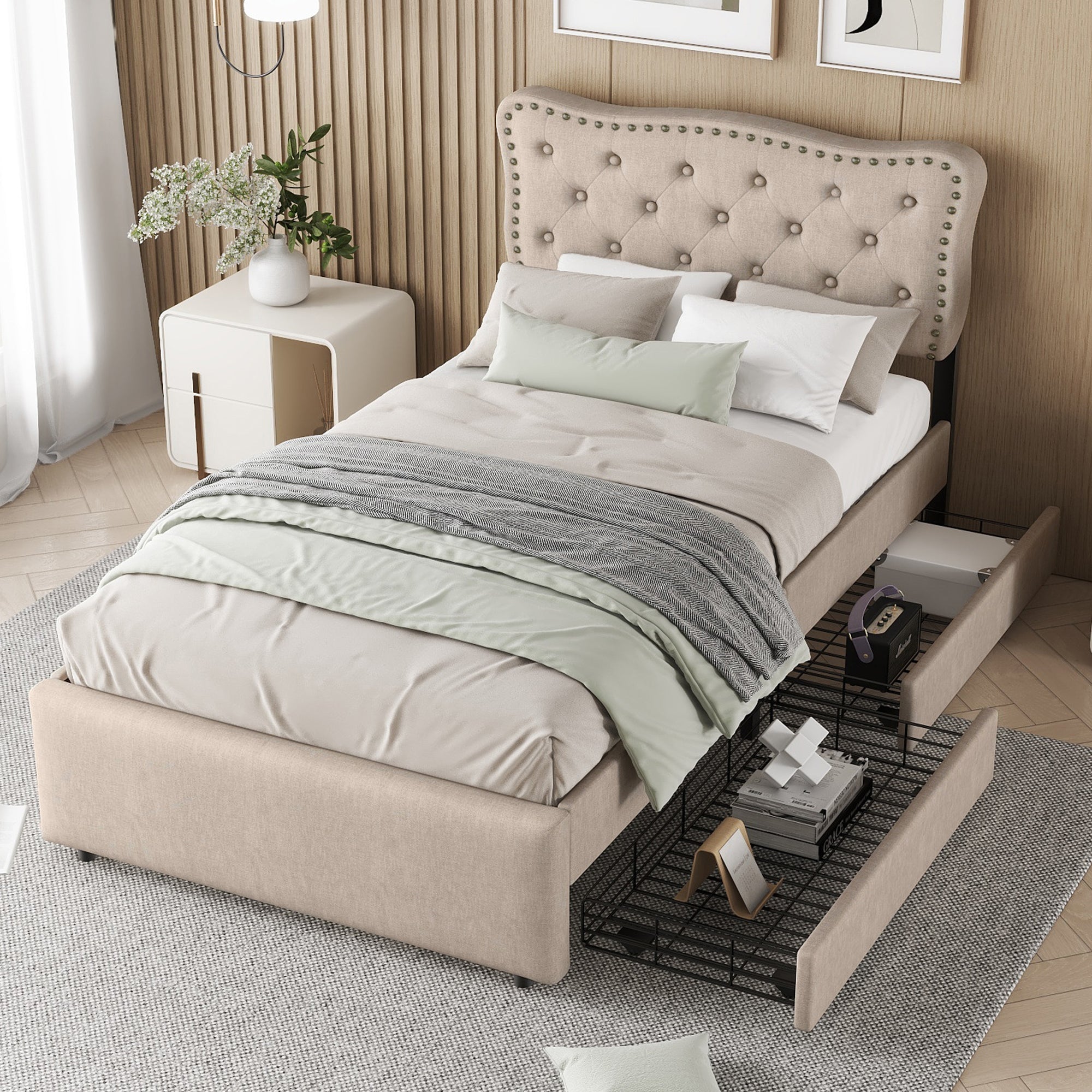 Logidon 90x200 cm stoffen bed beige met opbergruimte