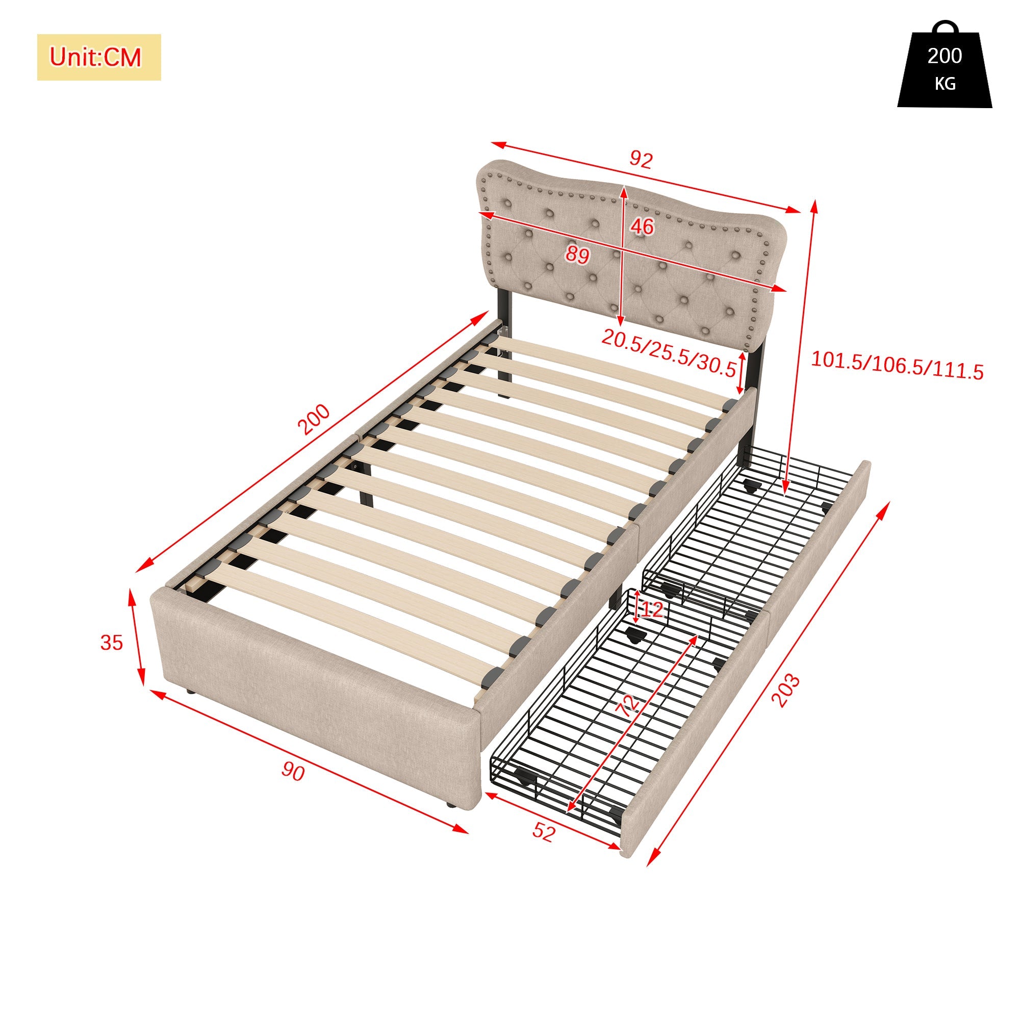 Logidon 90x200 cm stoffen bed beige met opbergruimte