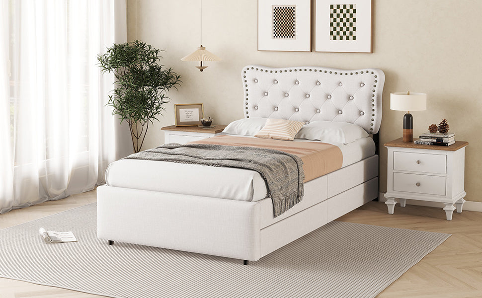 Logidon plat bed 90x200 cm lichtbeige gestoffeerd hoofdeinde met klinknagels