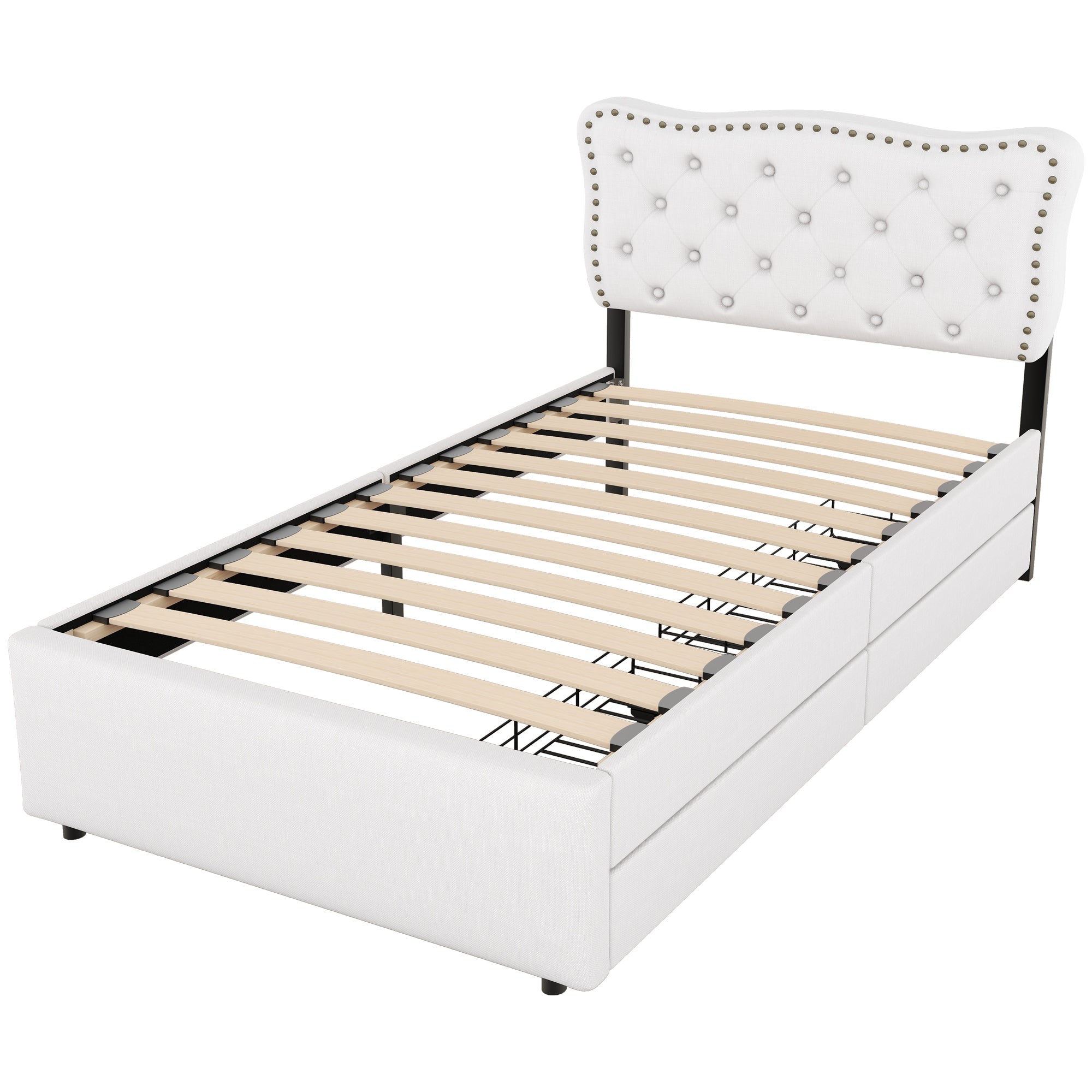 Logidon plat bed 90x200 cm lichtbeige gestoffeerd hoofdeinde met klinknagels