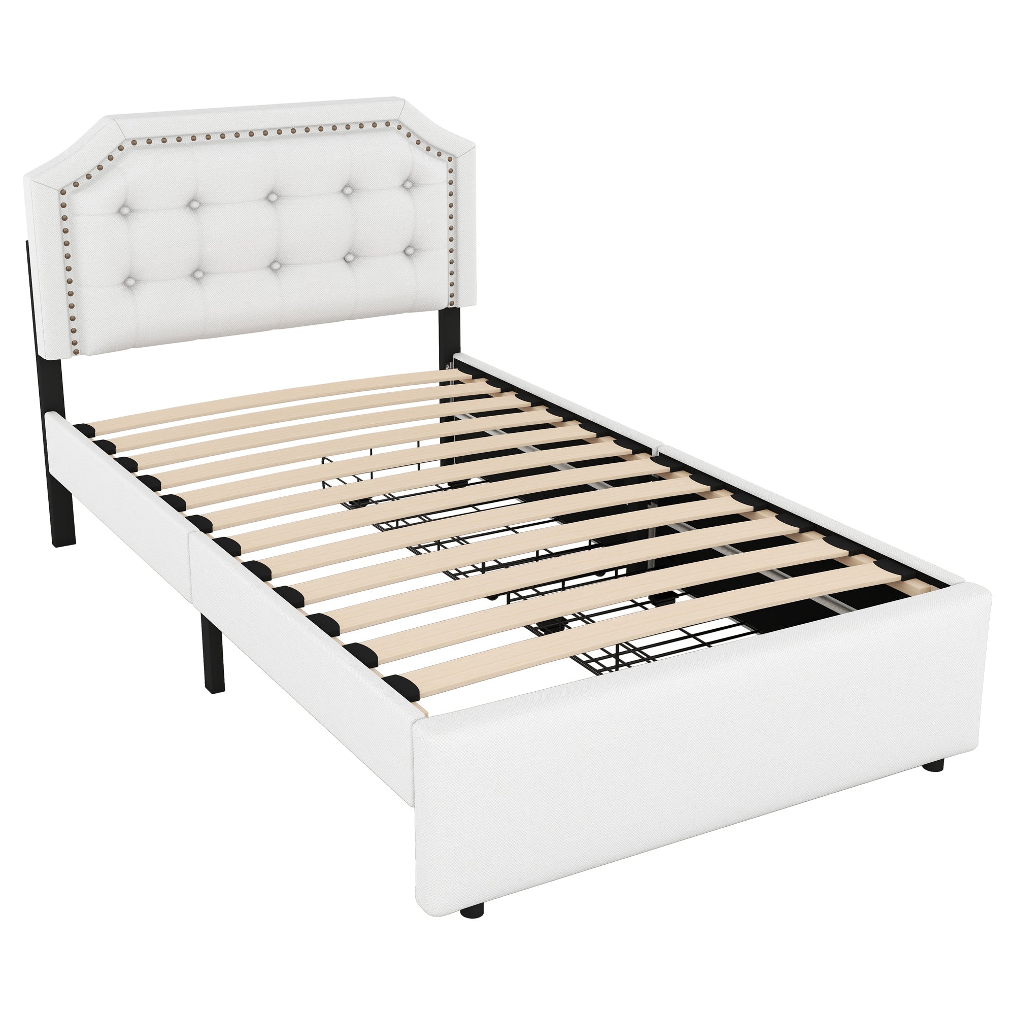 Logidon 90x200 lichtbeige gestoffeerd bed met dubbele lades met klinknagels