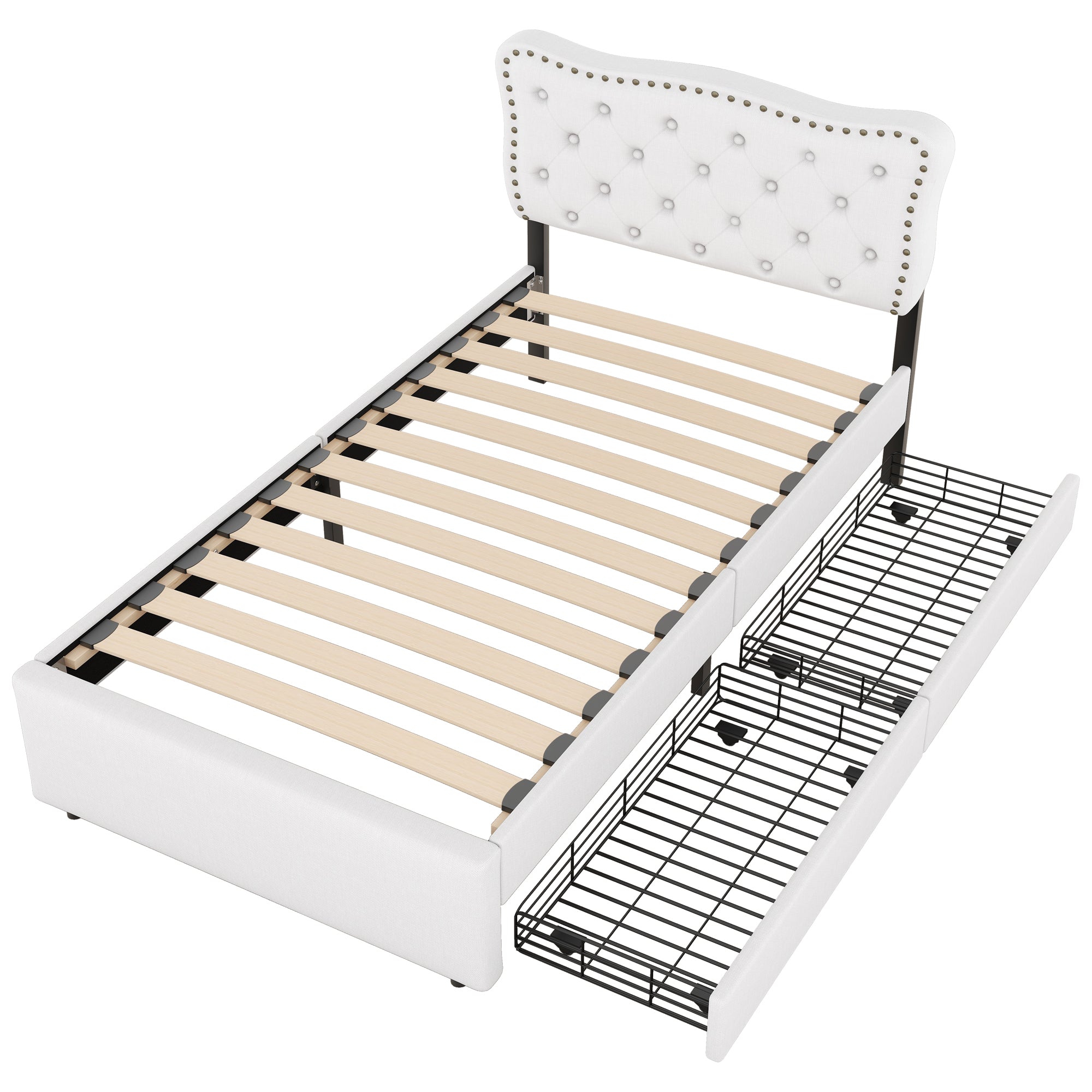 Logidon plat bed 90x200 cm lichtbeige gestoffeerd hoofdeinde met klinknagels