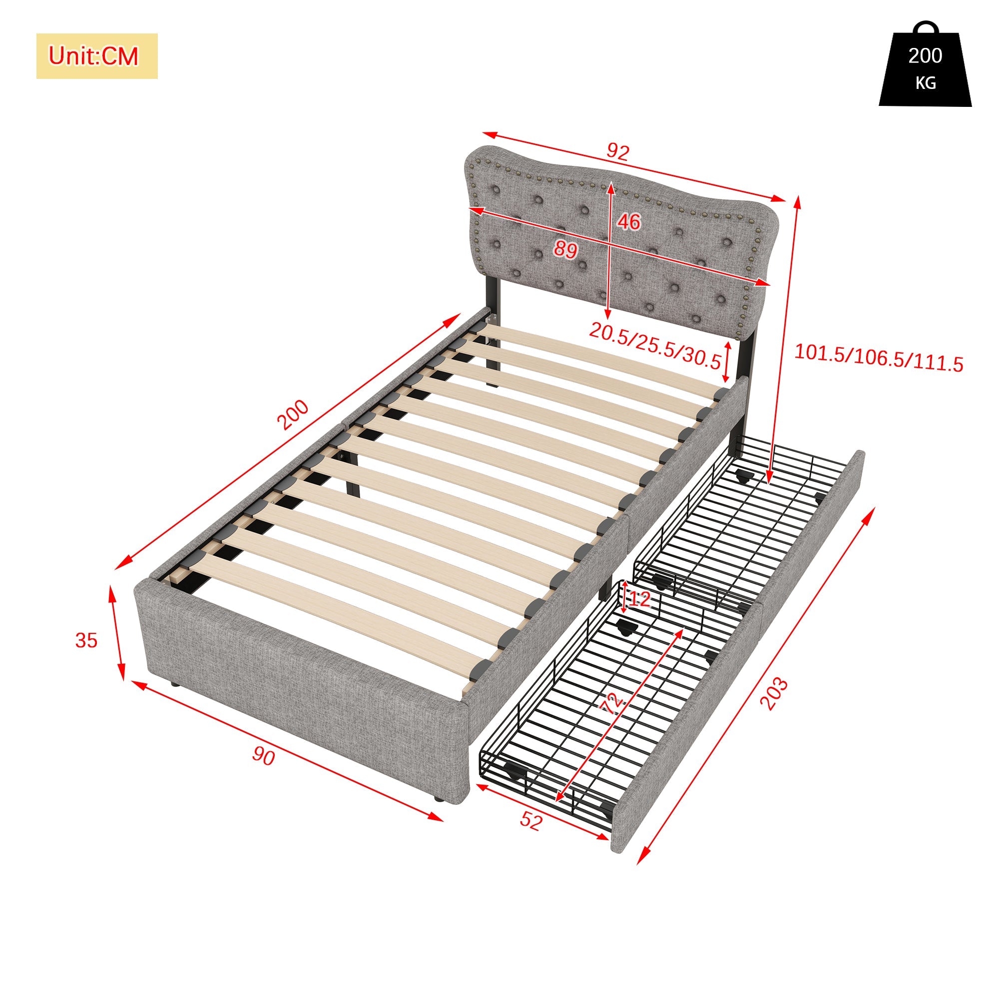 Logidon 90x200 cm gestoffeerd bed grijs met dubbele lades